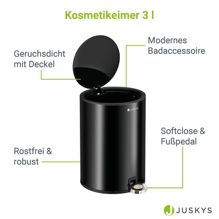 Juskys Kosmetikeimer 3 L - Bad Treteimer Stahl - klein, geruchsdicht,  rostfrei - Mülleimer Schwarz online kaufen bei Netto