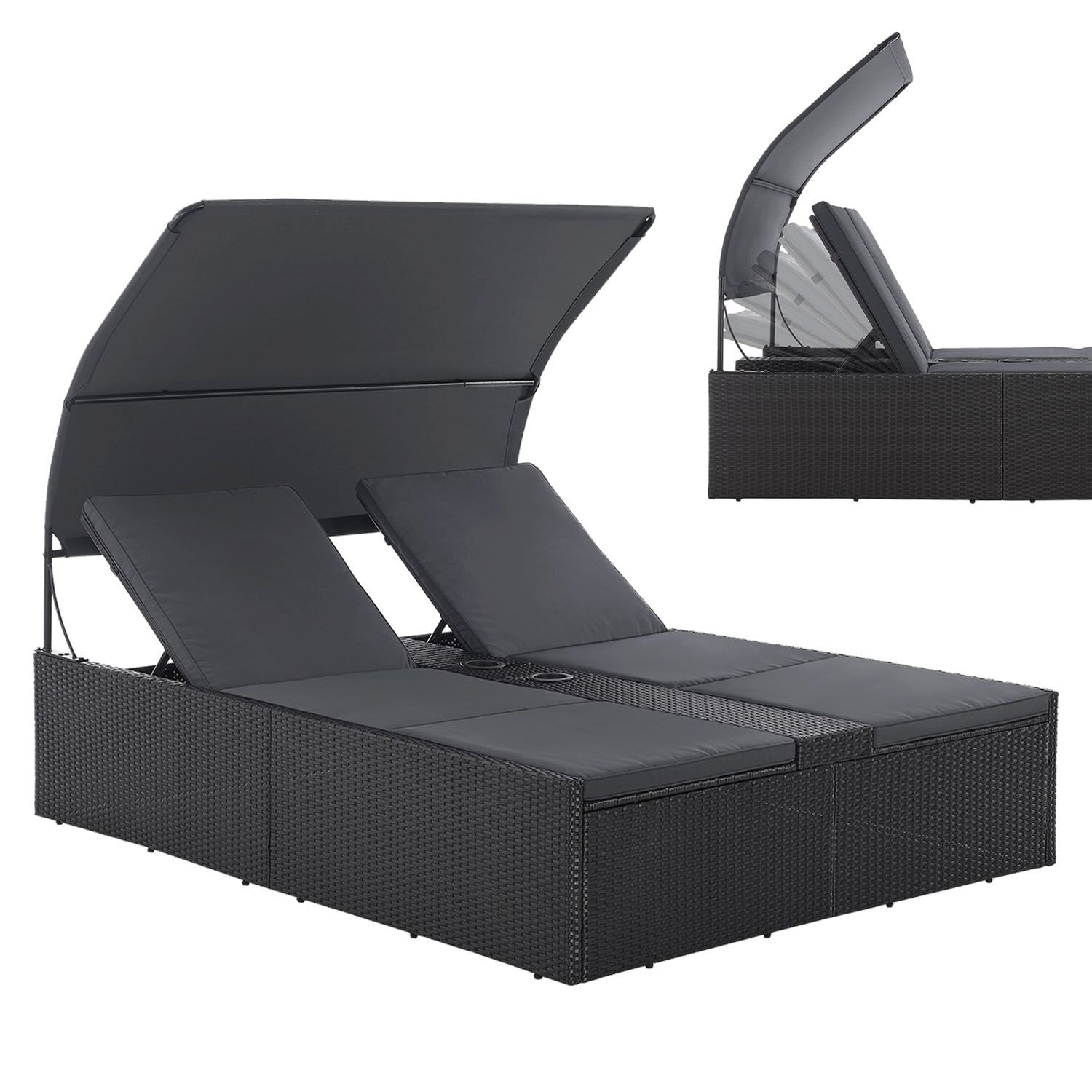 Juskys Polyrattan Doppelliege Syros - Outdoor Liege mit Dach & Auflagen - Sonnenliege Schwarz - Bild 1