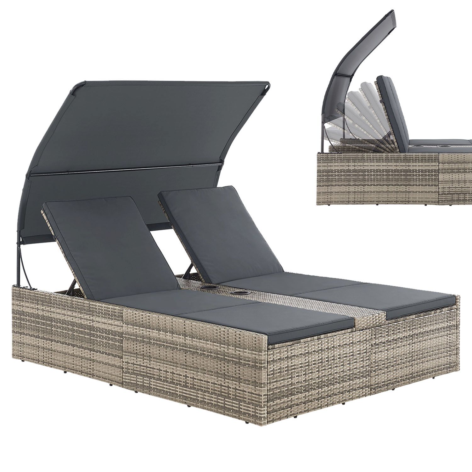 Juskys Polyrattan Doppelliege Syros - Outdoor Liege mit Dach & Auflagen - Sonnenliege Grau-meliert - Bild 1