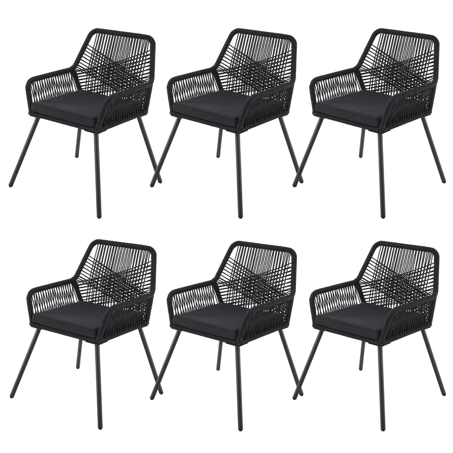 Juskys Rope Gartenst&uuml;hle Kastos 6er Set - Outdoor Stuhl 150 kg belastbar - Gartenstuhl Schwarz - Bild 1