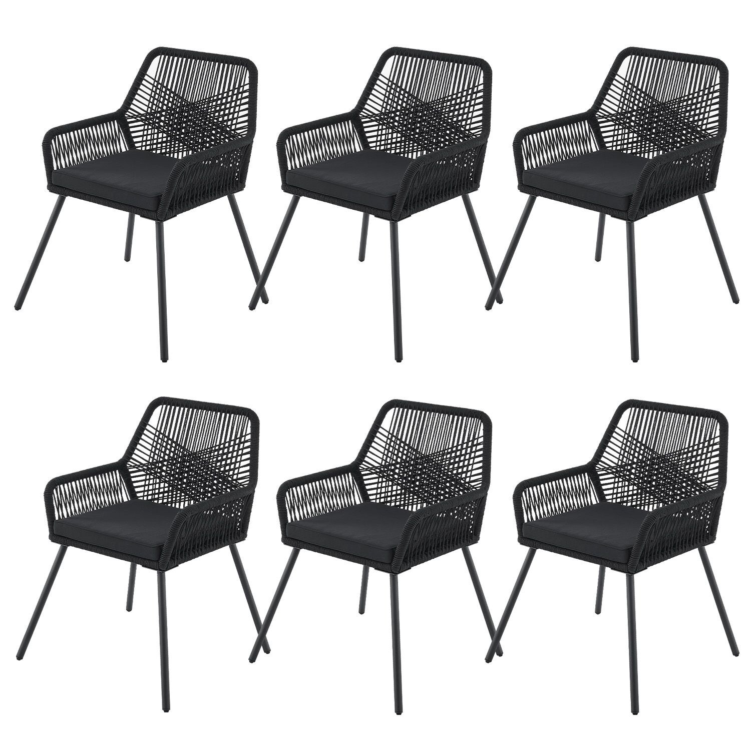 Juskys Rope Gartenstühle Kastos 6er Set – Outdoor Stuhl 150 kg belastbar – Gartenstuhl Schwarz | 04262437181158