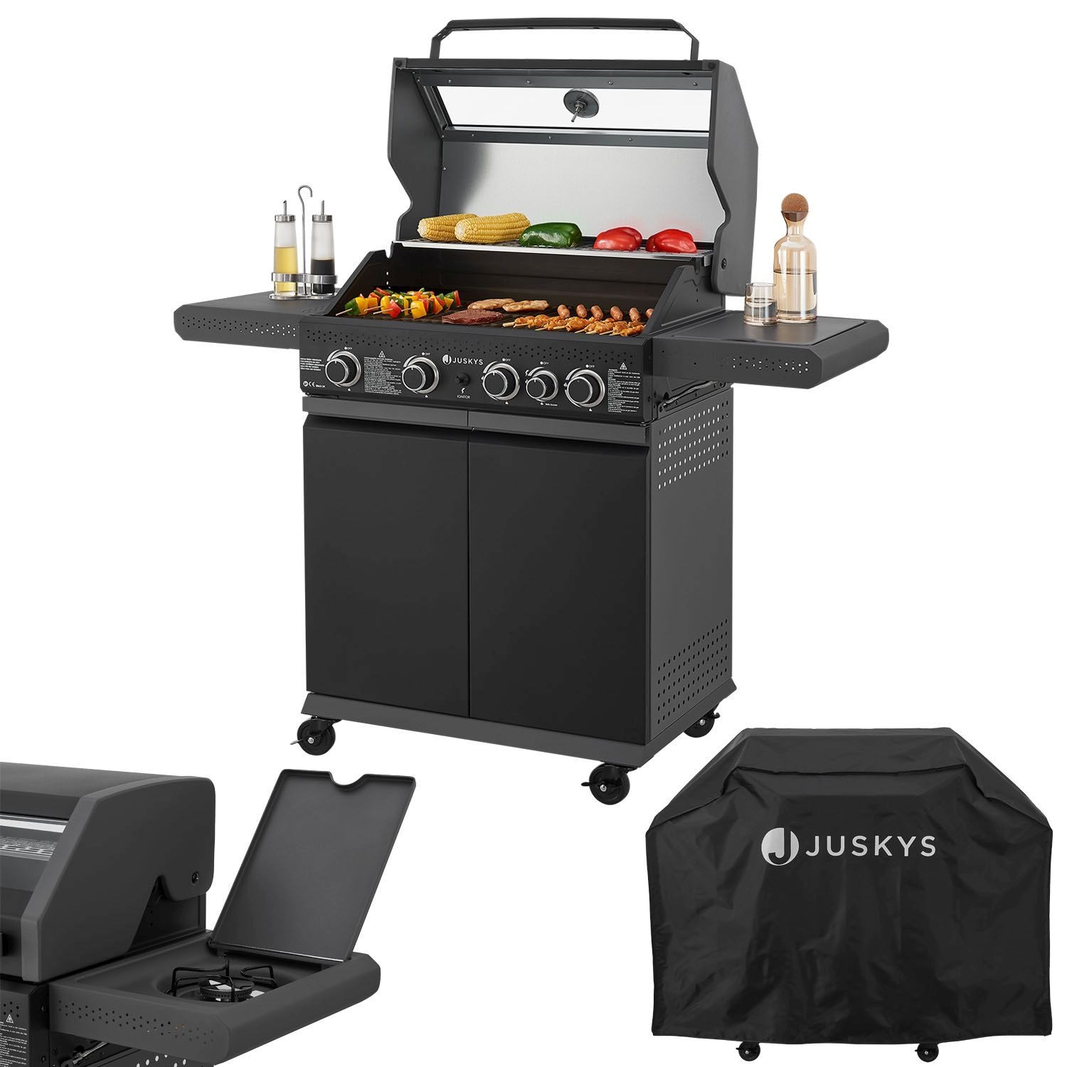 Juskys BBQ Gasgrill Savannah - 4 Brenner & 1 Seitenbrenner - Stahl Grill mit Gusseisen Grillrost - Bild 1