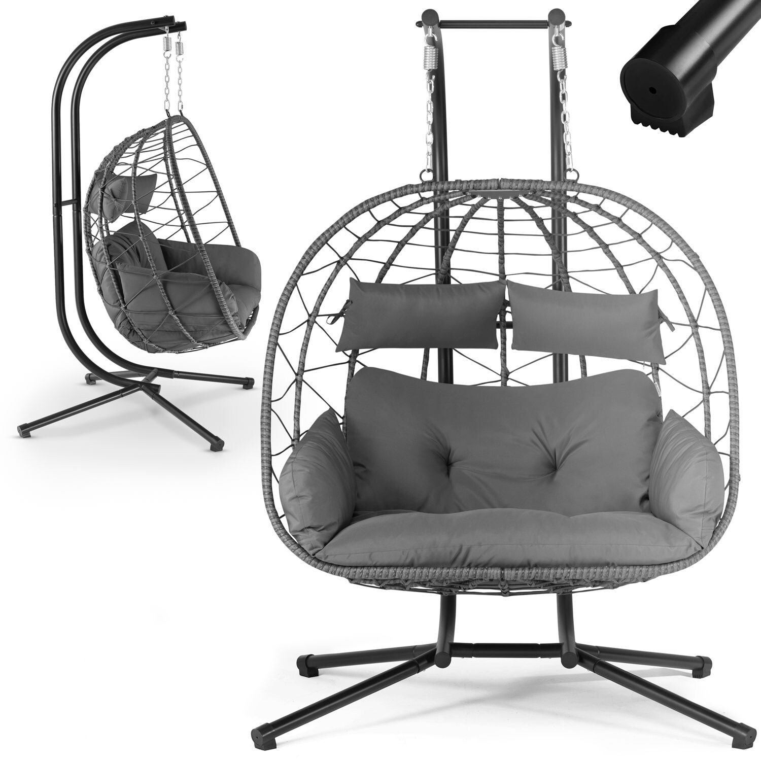 Juskys Doppelhängesessel Aria – Polyrattan Hängesessel mit Gestell & Kissen – 2 Personen – Grau | 04262437181332