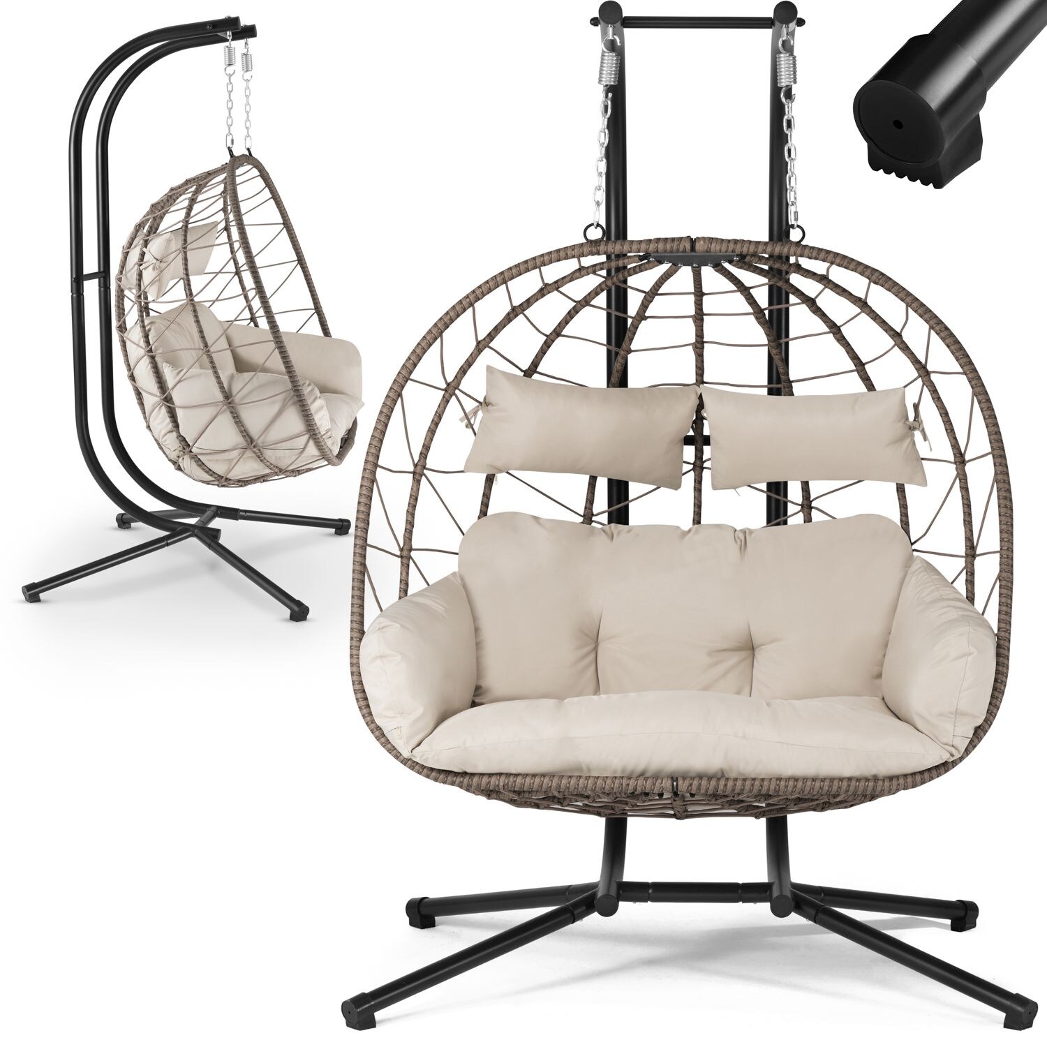 Juskys Doppelhängesessel Aria – Polyrattan Hängesessel mit Gestell & Kissen – 2 Personen – Beige | 04262437181349