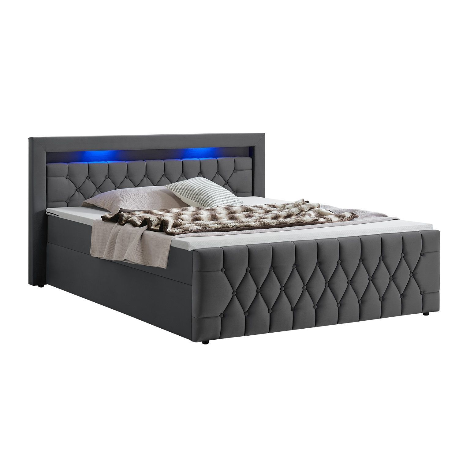 Juskys Boxspringbett Leona Samt 140x200 cm in Grau &ndash; mit LEDs, Topper & H4-Federkern-Matratzen - Bild 1