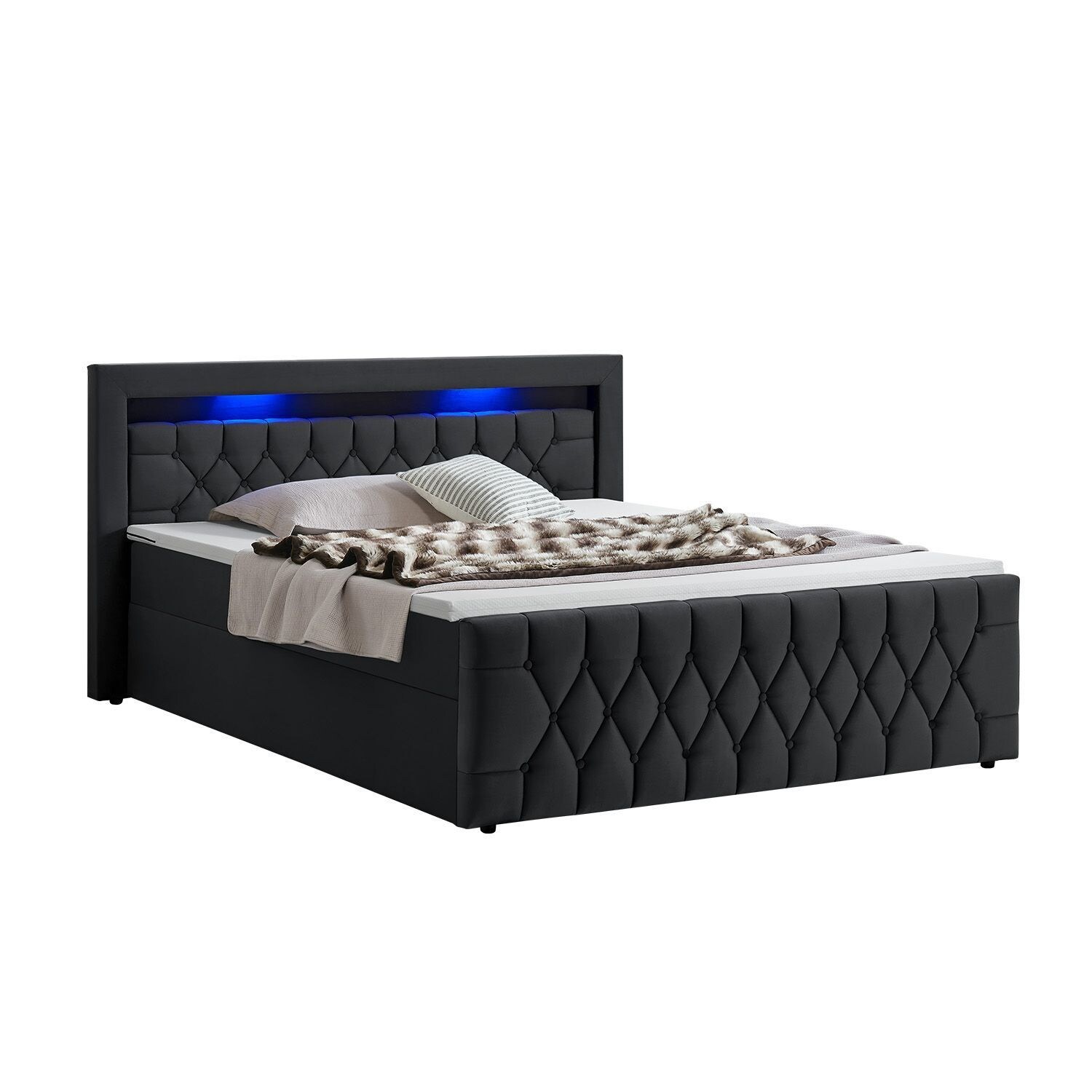 Juskys Boxspringbett Leona Samt 180×200 cm in Schwarz – mit LEDs, Topper & H4-Federkern-Matratzen | 04262437181639