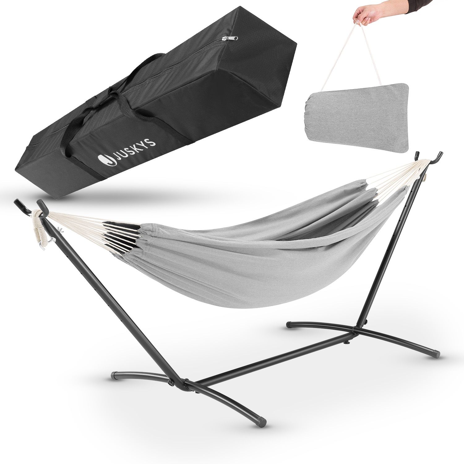 Juskys H&auml;ngematte Paya mit Gestell - Doppelh&auml;ngematte f&uuml;r 2 Personen - 200kg belastbar - Hellgrau - Bild 1