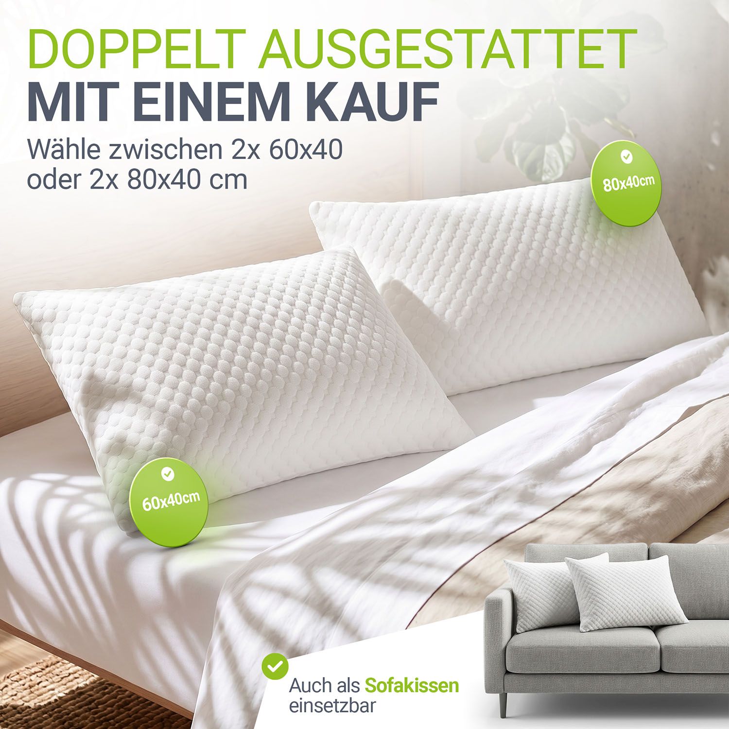 Juskys Kissen 40x60 cm für Bett - 2er Set Kopfkissen mit Memory-Foam Füllung
