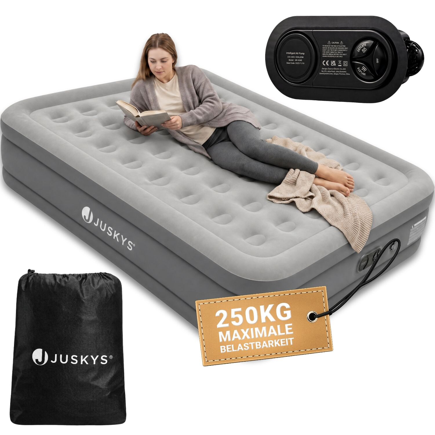 Juskys Luftmatratze Sapri L in Grau / Anthrazit - 2 Personen Luftbett selbstaufblasend - integrierter Pumpe