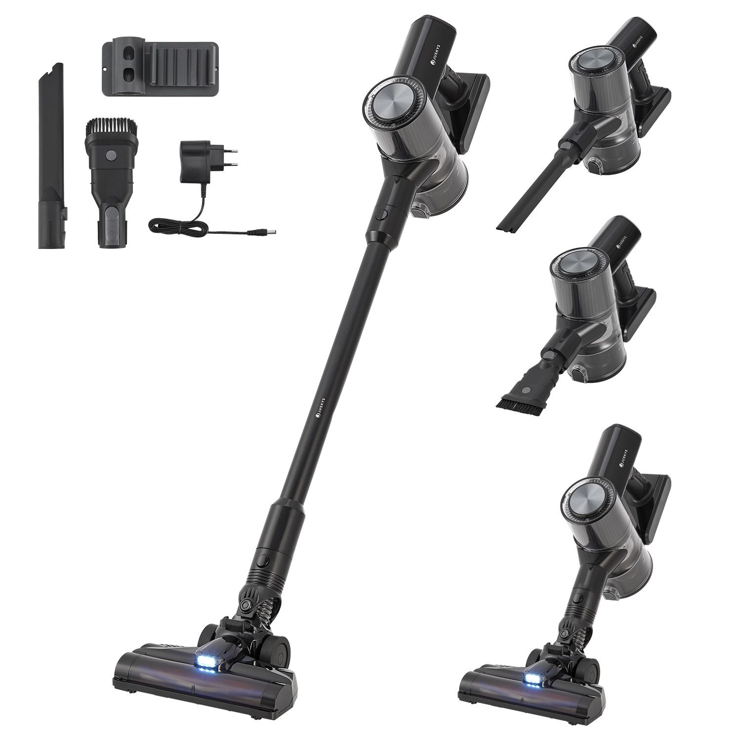 Juskys 2-in-1 Akkustaubsauger VC2101 mit Zubehör & Wandhalterung – Akku Staubsauger Schwarz | 04262437182377