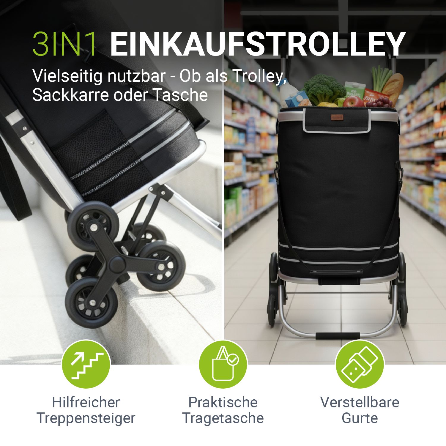 Juskys 3in1 Einkaufstrolley f&uuml;r Treppen - 56 L, modern & klappbar - Treppensteiger Trolley Schwarz - Bild 1