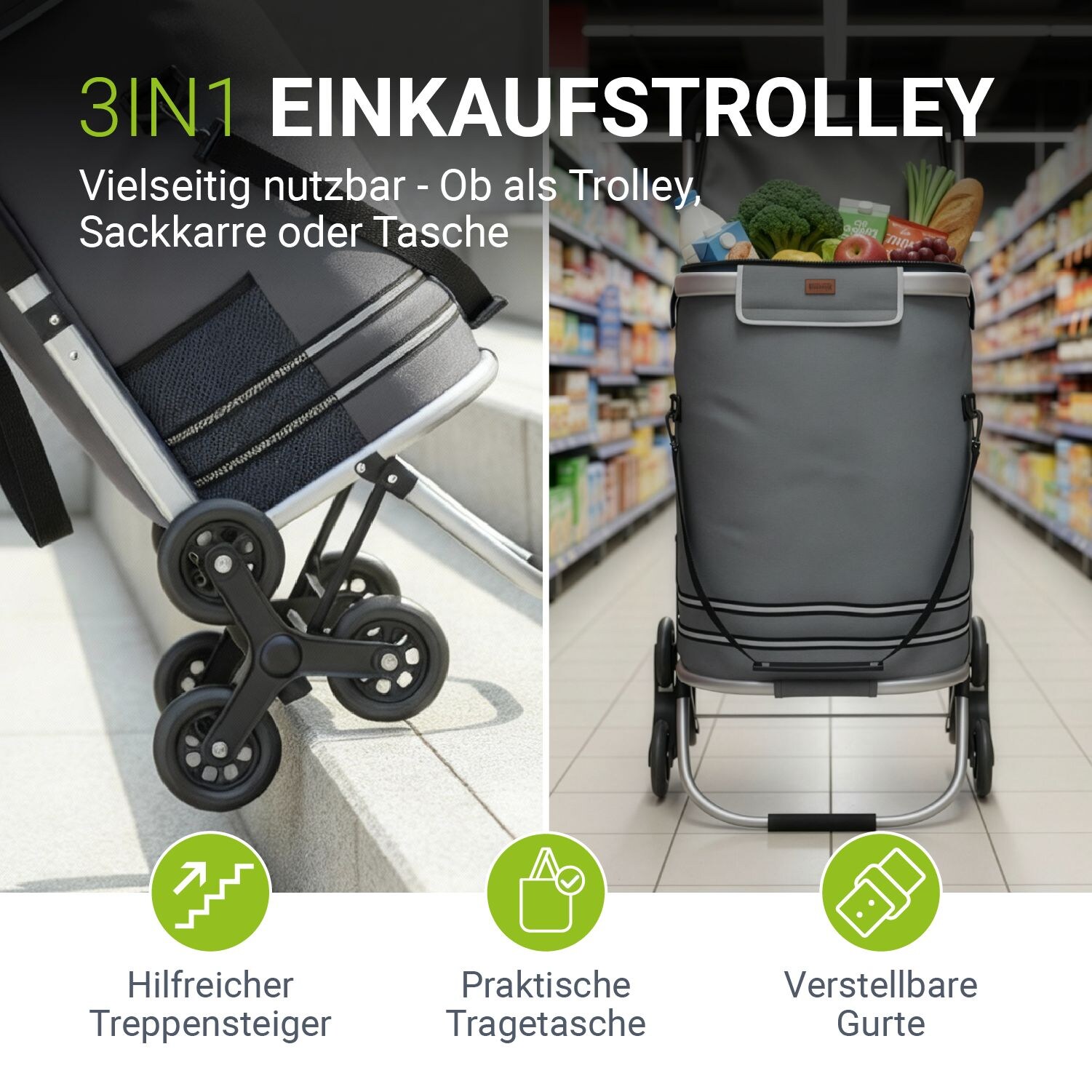 Juskys 3in1 Einkaufstrolley für Treppen - 56 L, modern & klappbar - Treppensteiger Trolley Grau