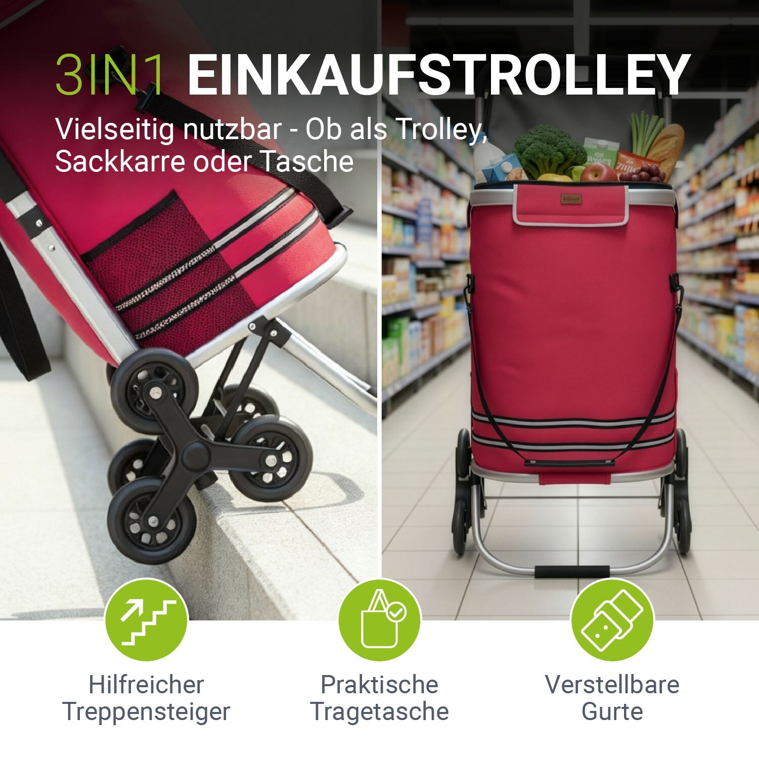 Juskys 3in1 Einkaufstrolley für Treppen - 56 L, modern & klappbar - Treppensteiger Trolley Rot