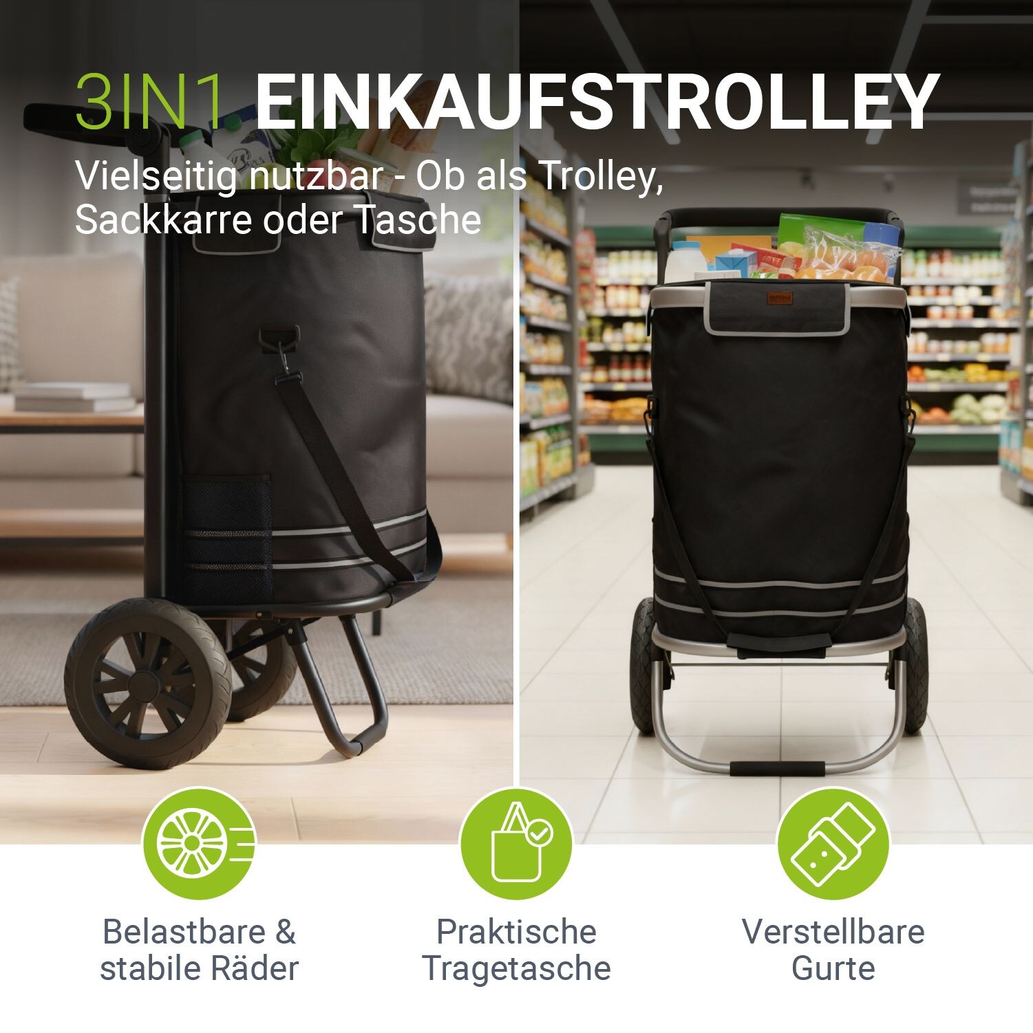 Juskys Einkaufstrolley 3in1 mit 2 Rollen für Shopping – 56 L Tasche – Trolley klappbar – Schwarz | 04262437182339