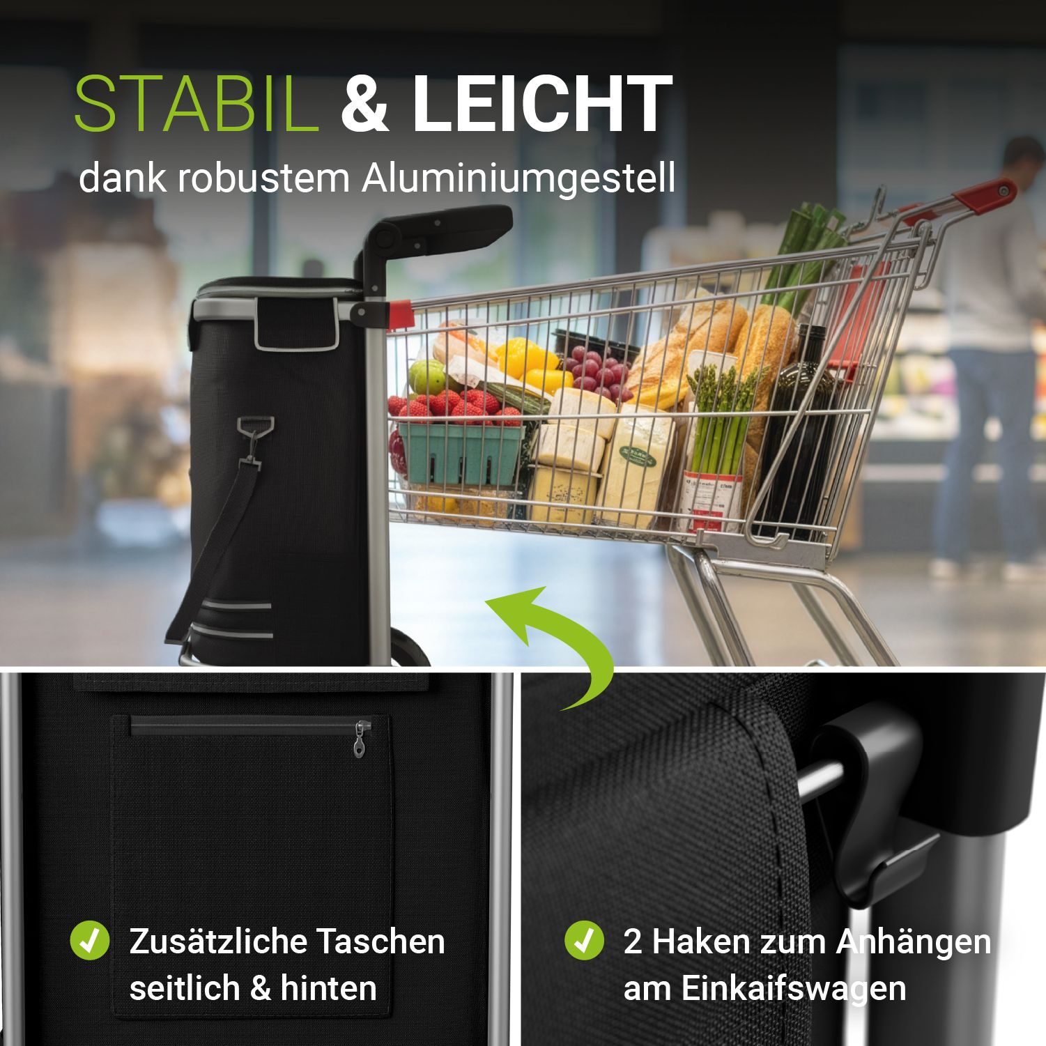 Juskys 3in1 Einkaufstrolley für Treppen - 56 L, modern & klappbar - Treppensteiger Trolley zum Shopping - Sackkarre & Tasche - Trolli Dunkelblau