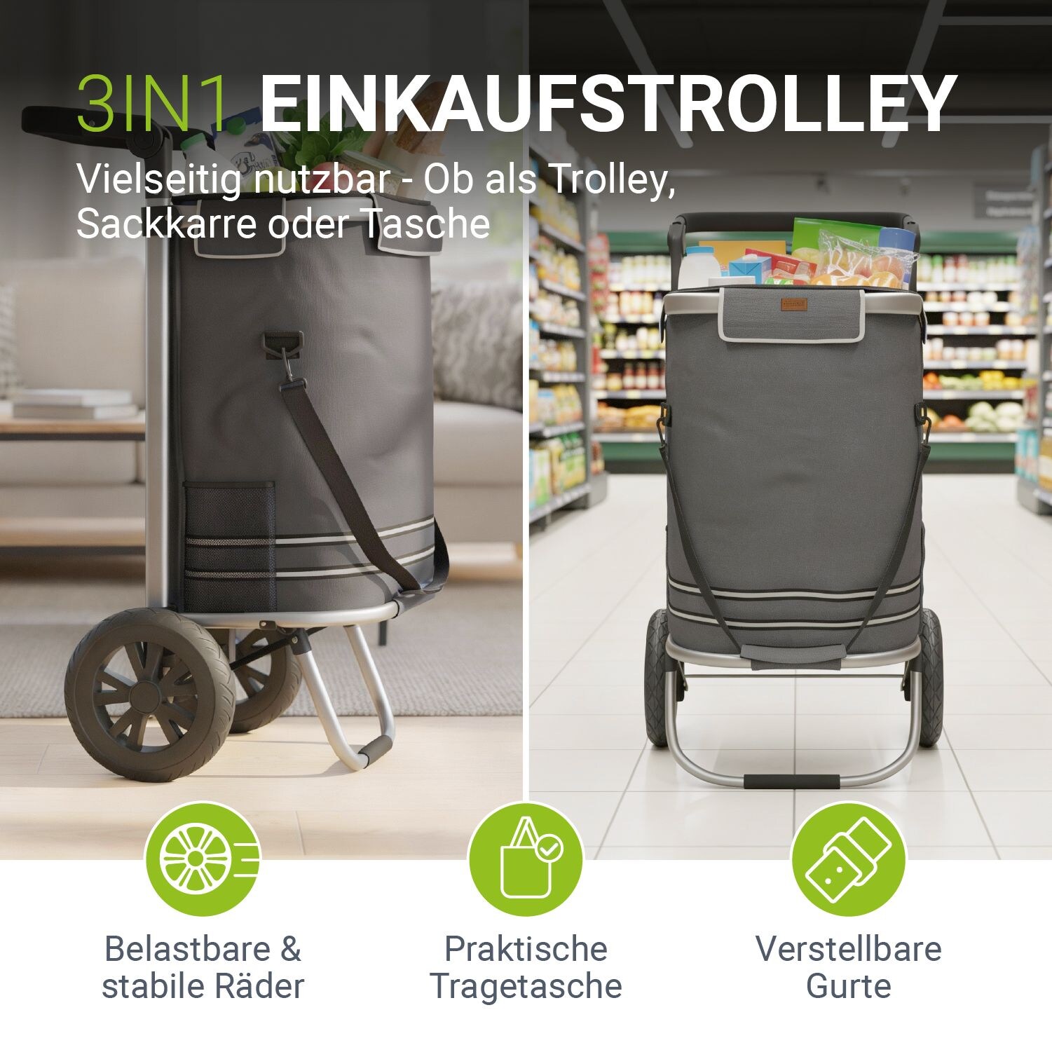 Juskys Einkaufstrolley 3in1 mit 2 Rollen für Shopping – 56 L Tasche – Trolley klappbar – Grau | 04262437182346