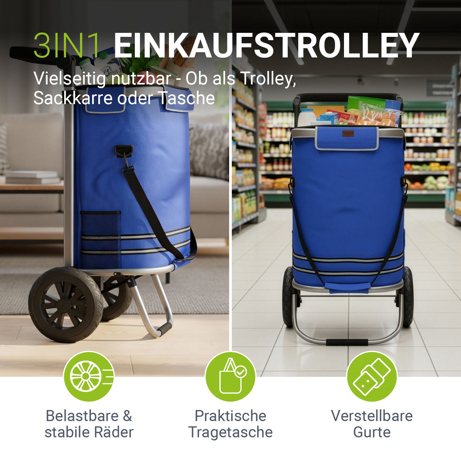 Juskys Einkaufstrolley 3in1 mit 2 Rollen f&uuml;r Shopping - 56 L Tasche - Trolley klappbar - Dunkelblau - Bild 1