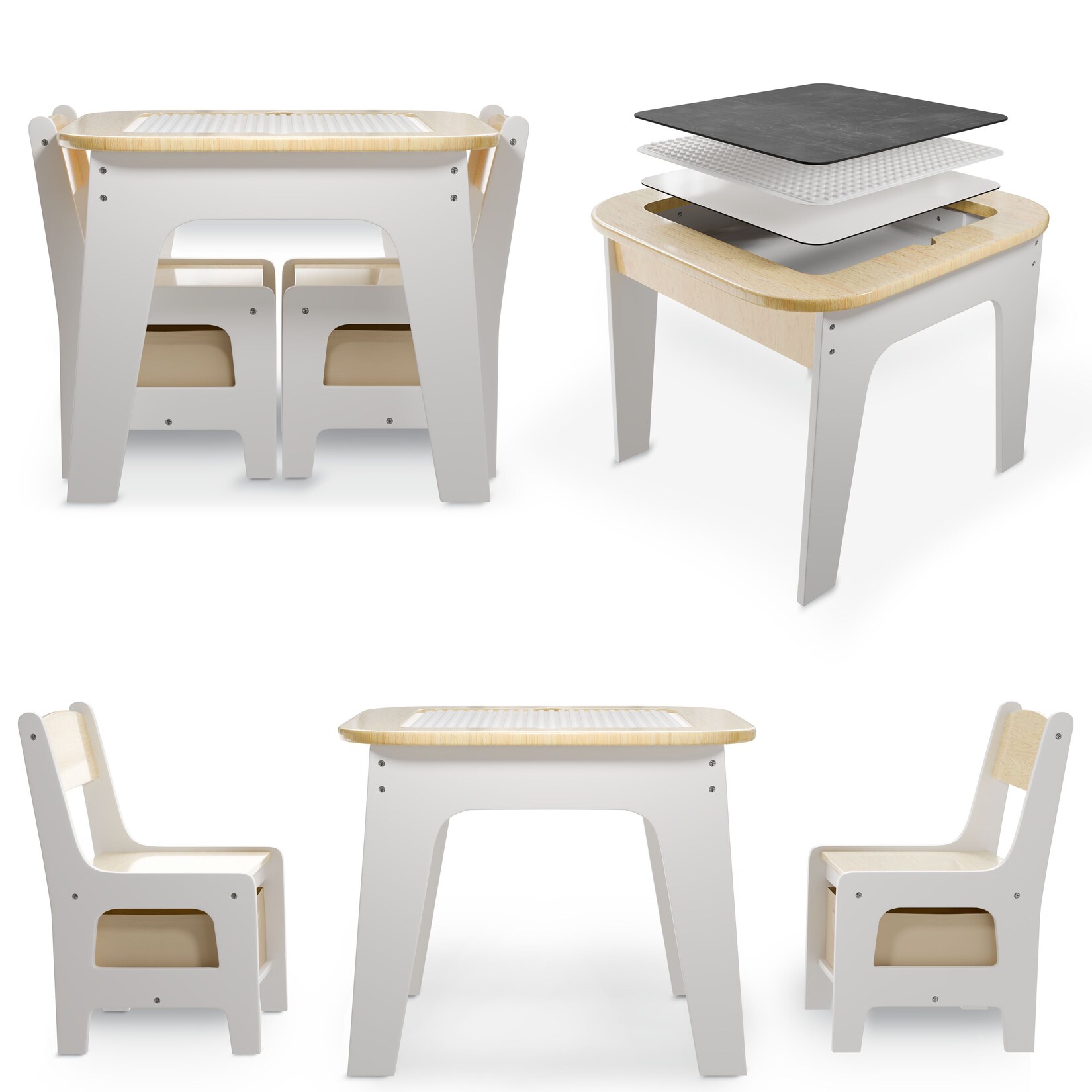 Juskys Kindersitzgruppe Milou mit 2 Stühlen, Tisch & Stauraum – Holz Sitzgruppe für Kinder – Natur | 04262437182803