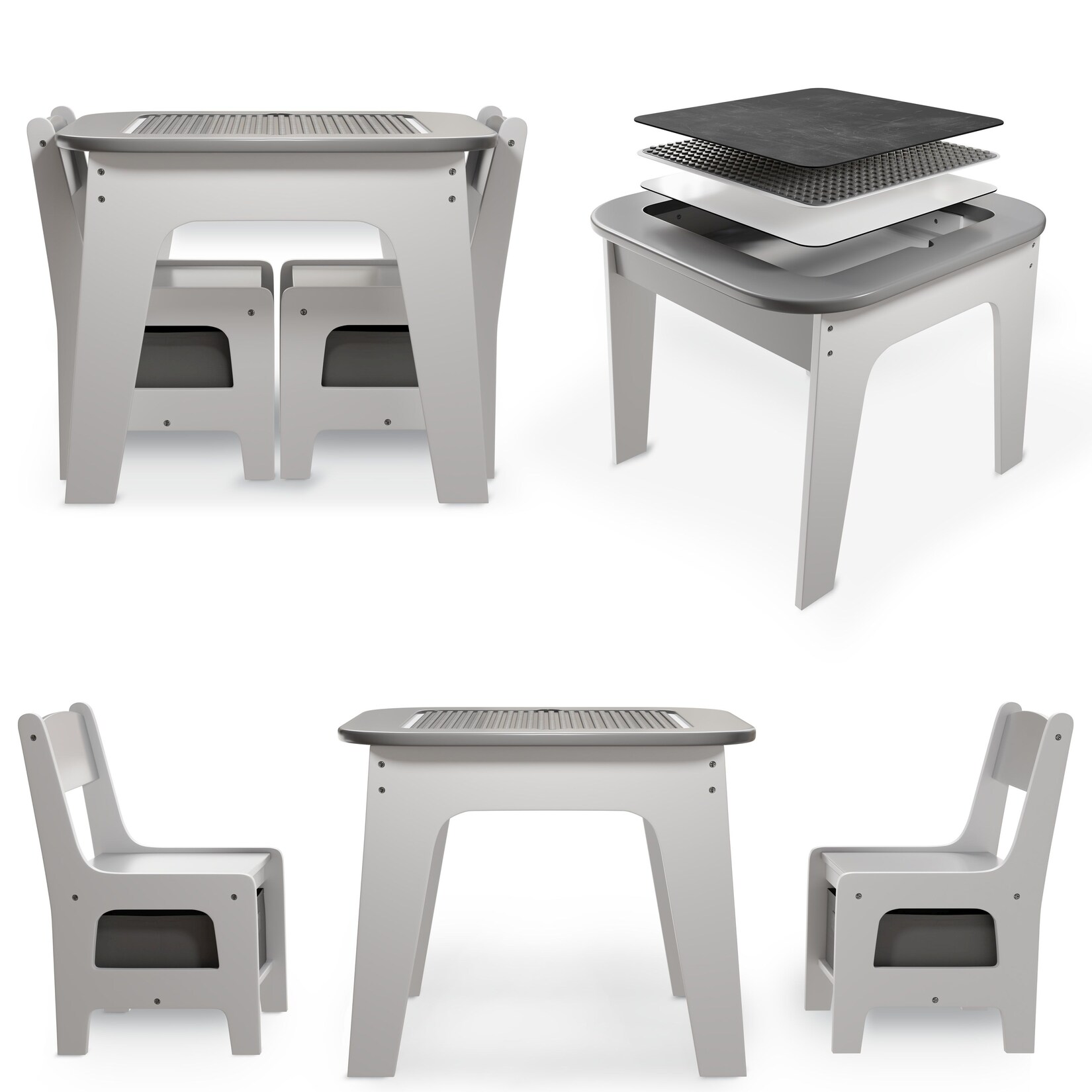 Juskys Kindersitzgruppe Milou mit 2 Stühlen, Tisch & Stauraum – Holz Sitzgruppe für Kinder – Grau | 04262437182810