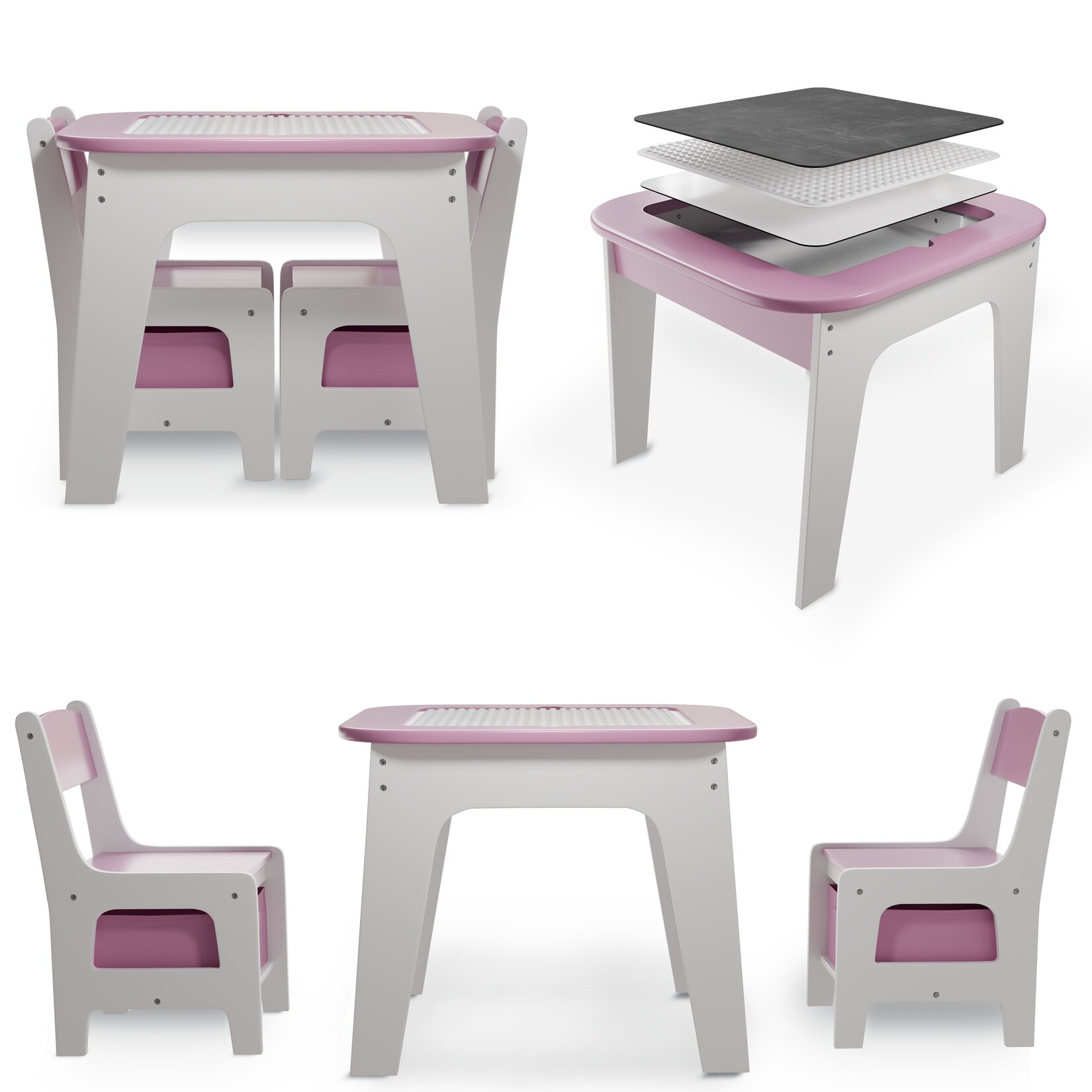 Juskys Kindersitzgruppe Milou mit 2 Stühlen, Tisch & Stauraum – Holz Sitzgruppe für Kinder – Rosa | 04262437182827