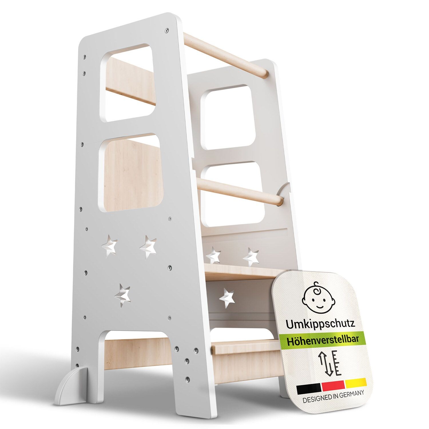 Juskys Lernturm Henny – Kinder ab 1 Jahr, Stehhilfe, 3-fach höhenverstellbar, Umkippschutz – Weiß | 04262437182858