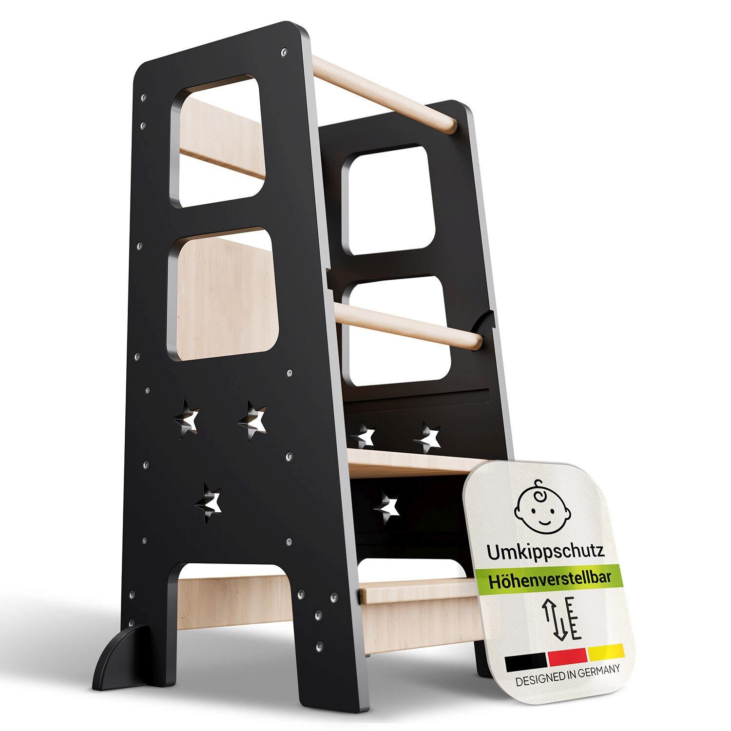Juskys Lernturm Henny – Kinder ab 1 Jahr, Stehhilfe, 3-fach höhenverstellbar, Umkippschutz – Schwarz | 04262437182865