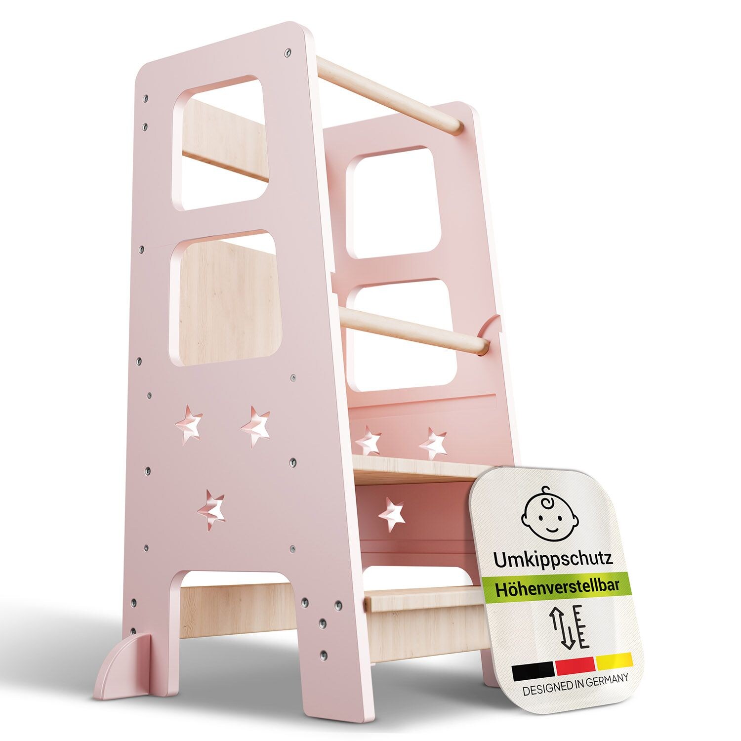 Juskys Lernturm Henny – Kinder ab 1 Jahr, Stehhilfe, 3-fach höhenverstellbar, Umkippschutz – Rosa | 04262437182872