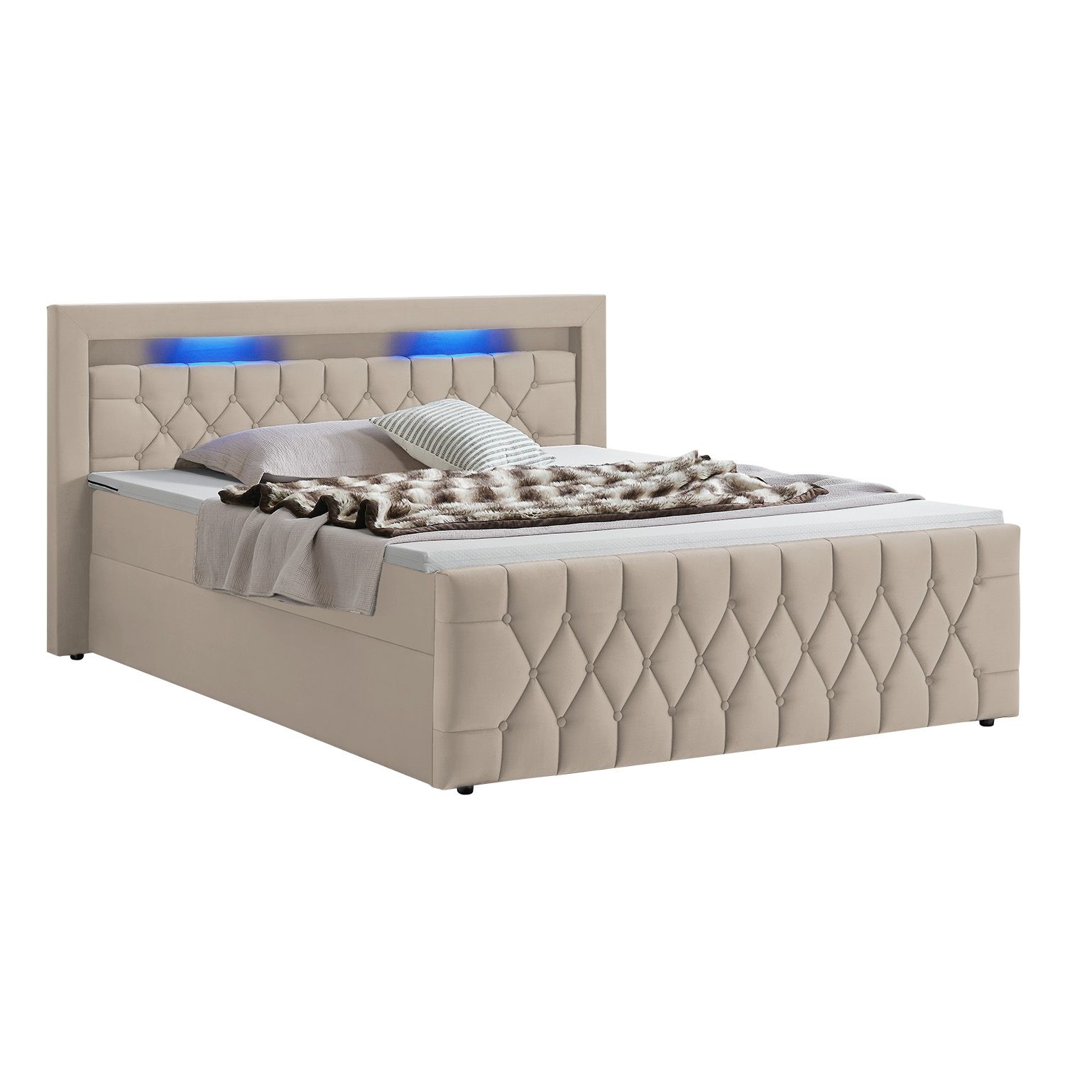 Juskys Boxspringbett Leona Samt 140x200 cm in Beige &ndash; mit LEDs, Topper & H4-Federkern-Matratzen - Bild 1