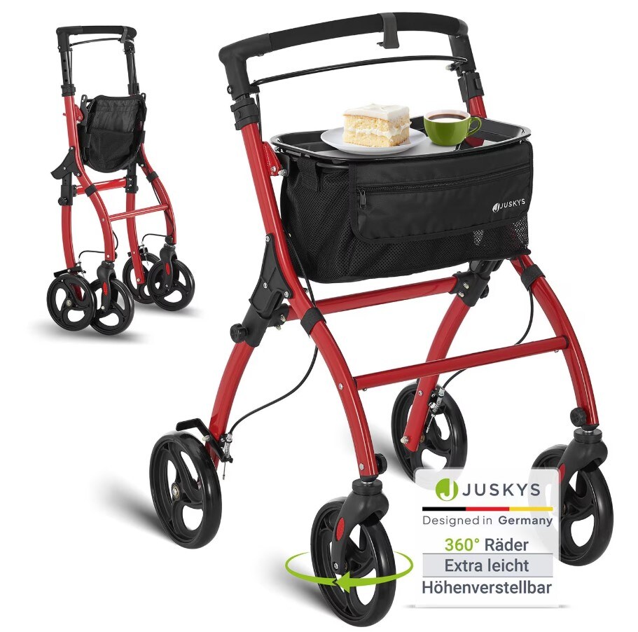 Juskys Aluminium Wohnungsrollator Aktiv – Tasche & Tablett – Rollator schmal & faltbar – Rot | 04262437182933