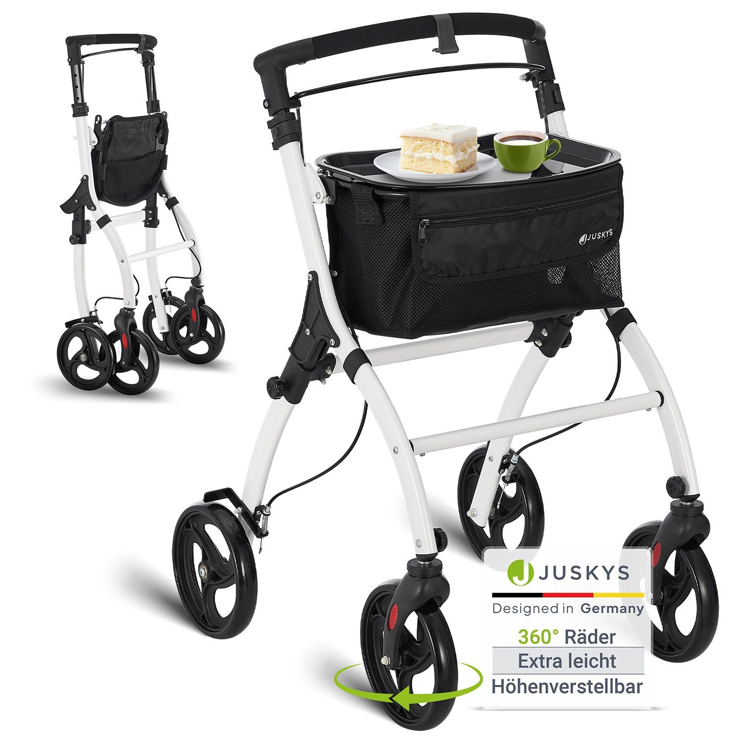 Juskys Aluminium Wohnungsrollator Aktiv – Tasche & Tablett – Rollator schmal & faltbar – Weiß | 04262437182919