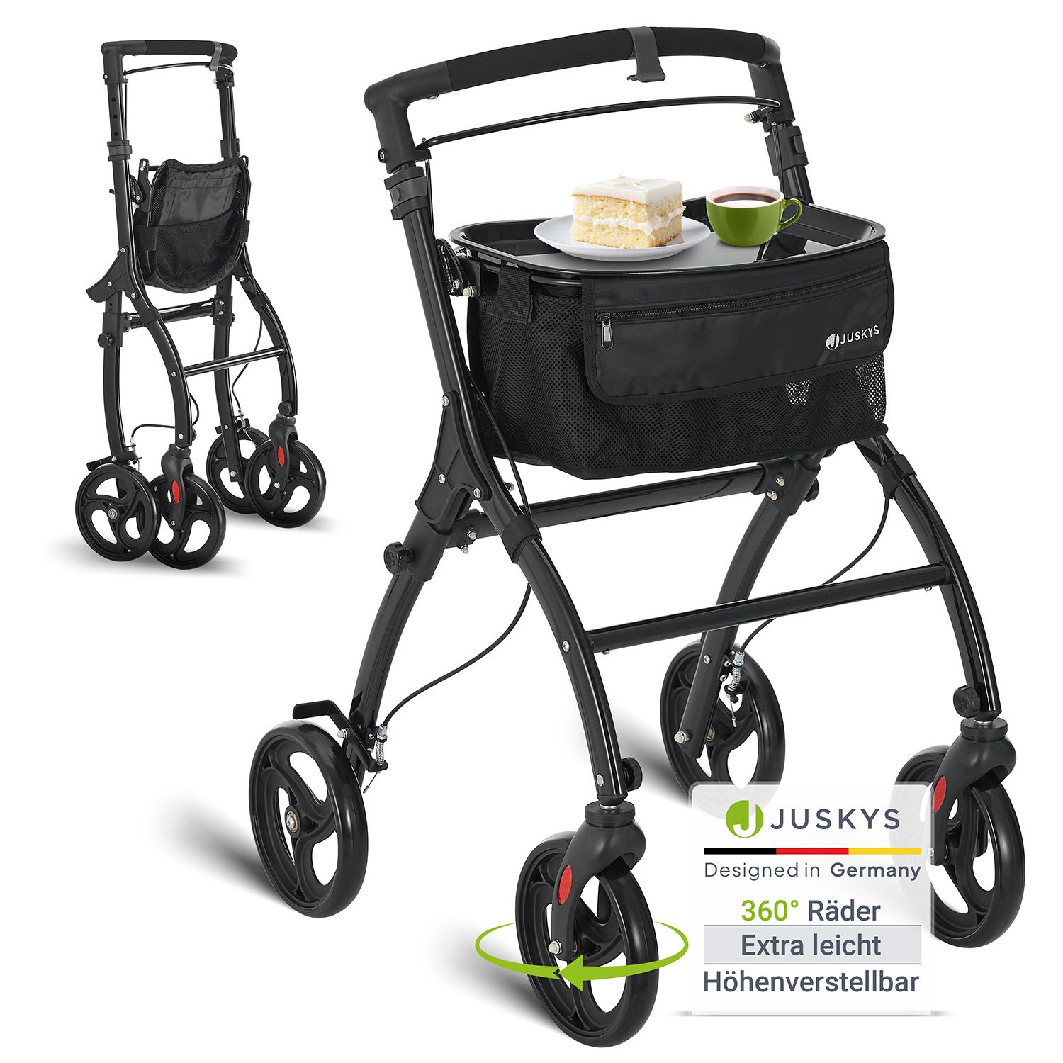 Juskys Aluminium Wohnungsrollator Aktiv - Tasche & Tablett - Rollator schmal & faltbar - Schwarz - Bild 1