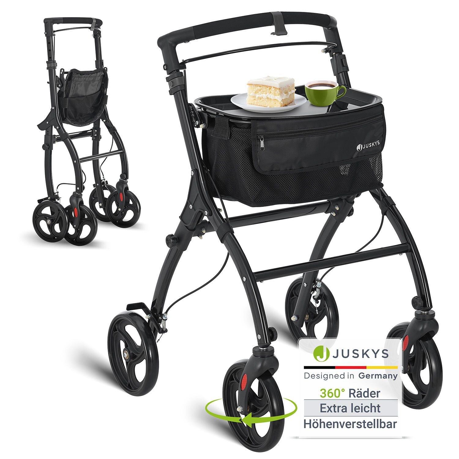 Juskys Aluminium Wohnungsrollator Aktiv – Tasche & Tablett – Rollator schmal & faltbar – Schwarz | 04262437182926
