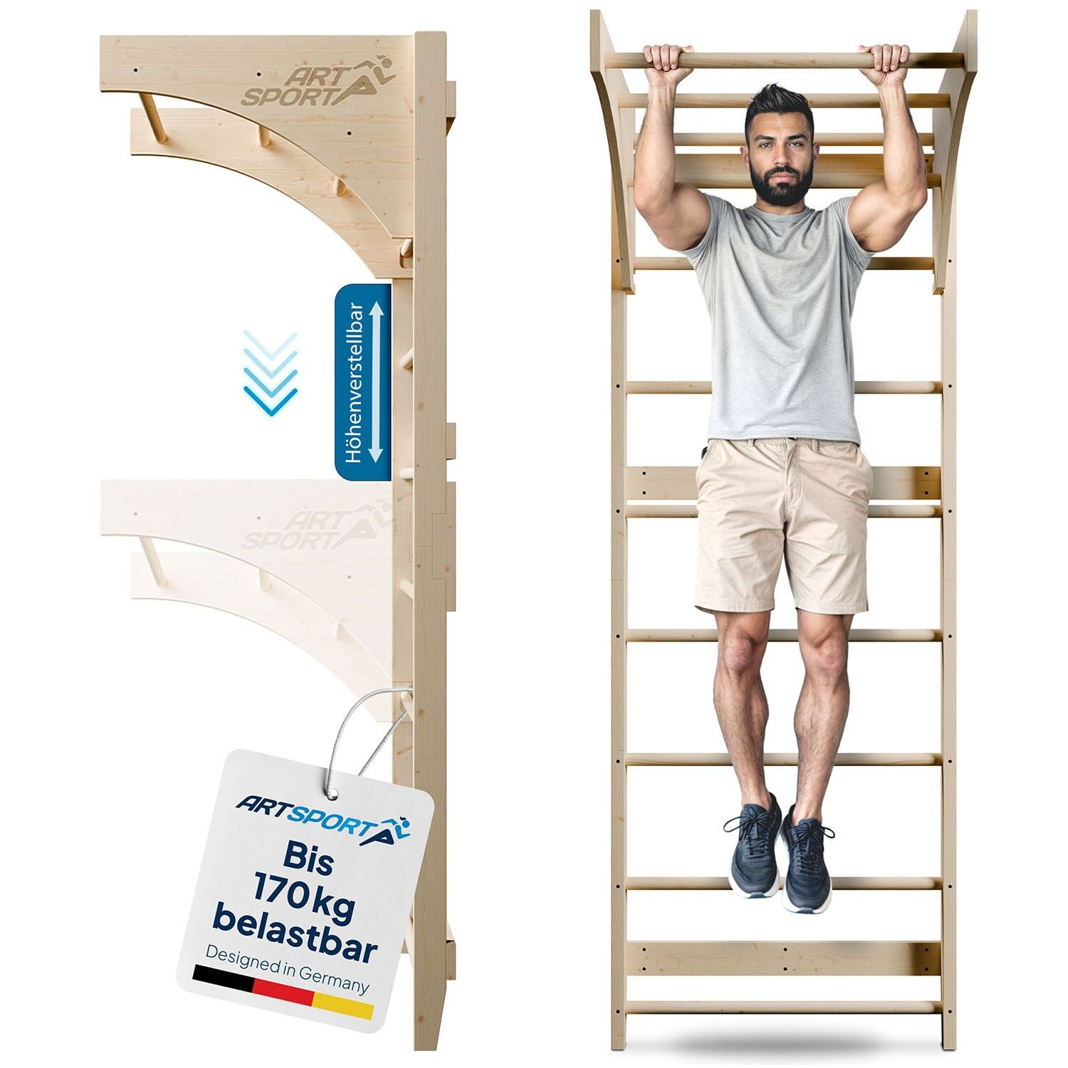 ArtSport Sprossenwand für Erwachsene – Indoor Klettergerüst aus Holz mit Klimmzugstange – Natur | 04262437185132