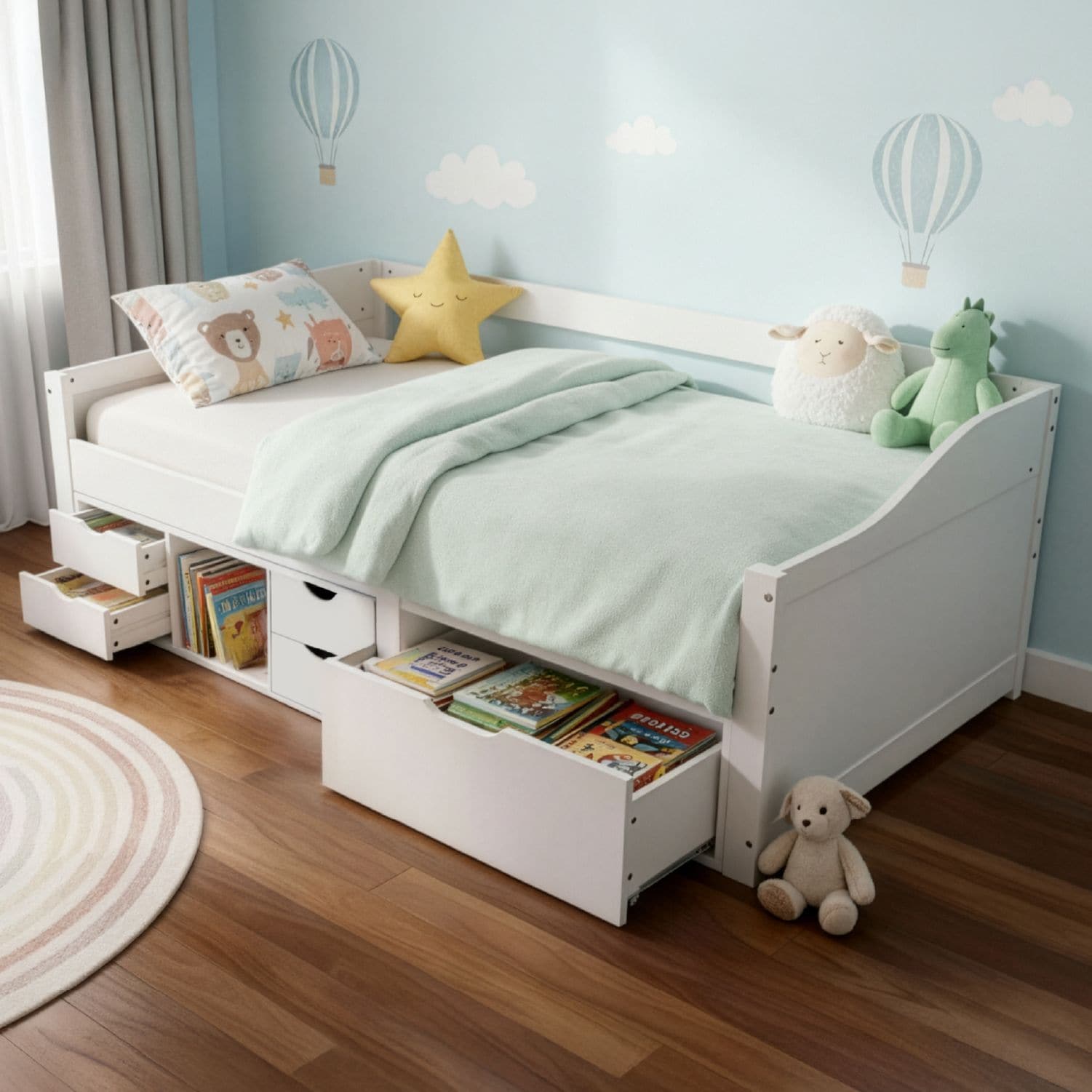 Juskys Funktionsbett Nalu 90x200 cm - Holz Bett mit Lattenrost & Schubladen - Stauraumbett Wei&szlig; - Bild 1