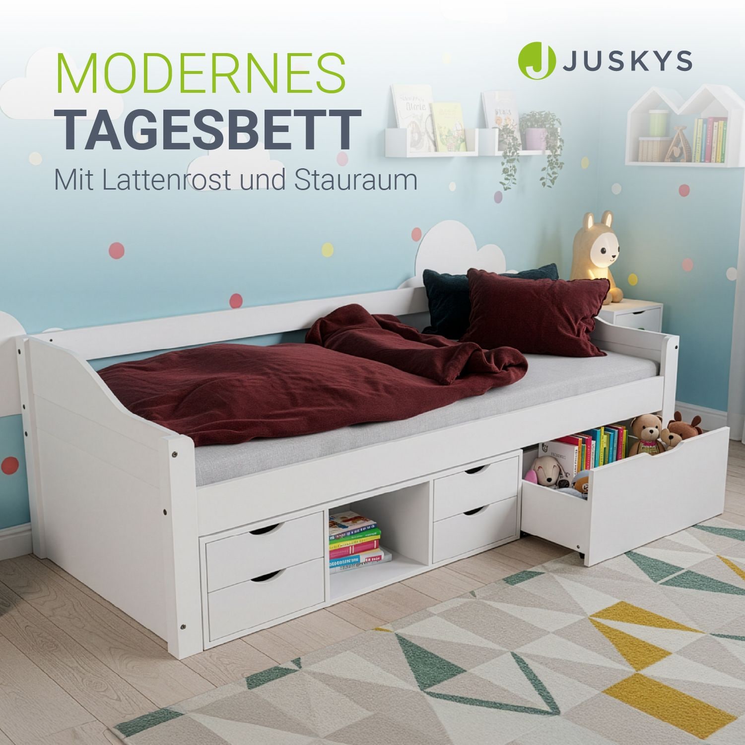 Juskys Funktionsbett Nalu 90x200 cm - Holz Bett mit Lattenrost & Schubladen