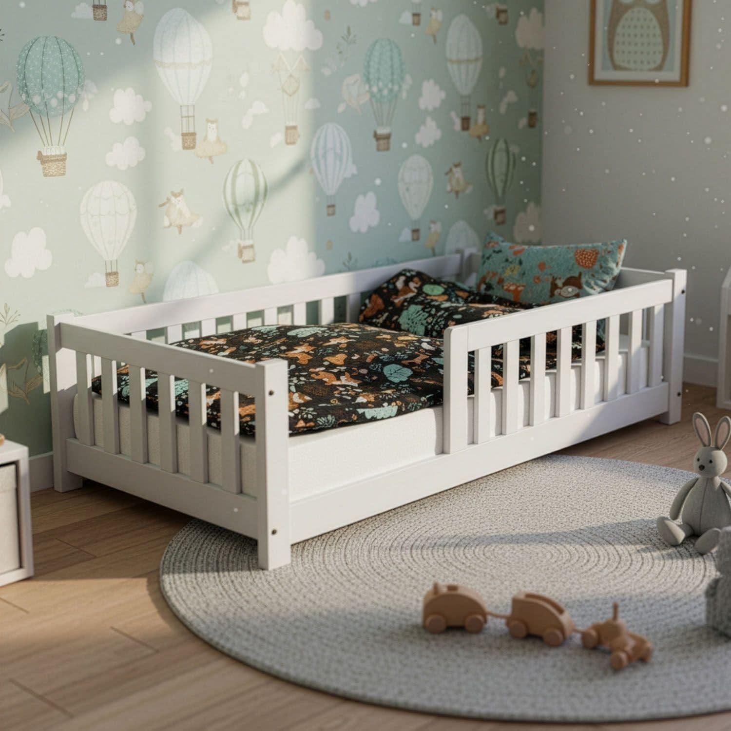 Juskys Kinderbett Naya 90x200 cm - Bett mit Rausfallschutz & Lattenrost - Holz Bodenbett Kinder Wei&szlig; - Bild 1