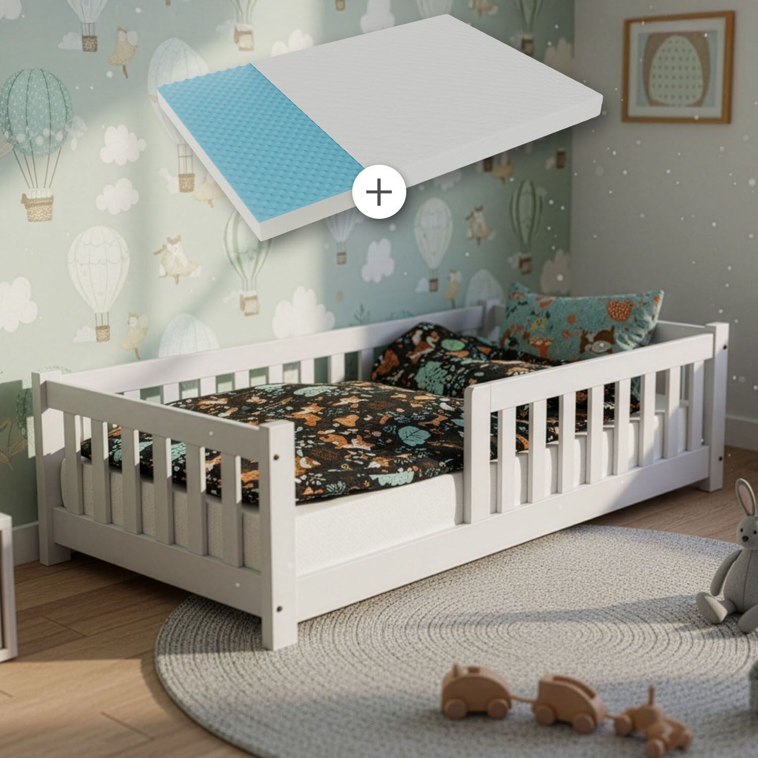 Juskys Kinderbett Naya 80×160 cm – Bett mit Matratze, Rausfallschutz & Lattenrost – Bodenbett Weiß | 04262437183084