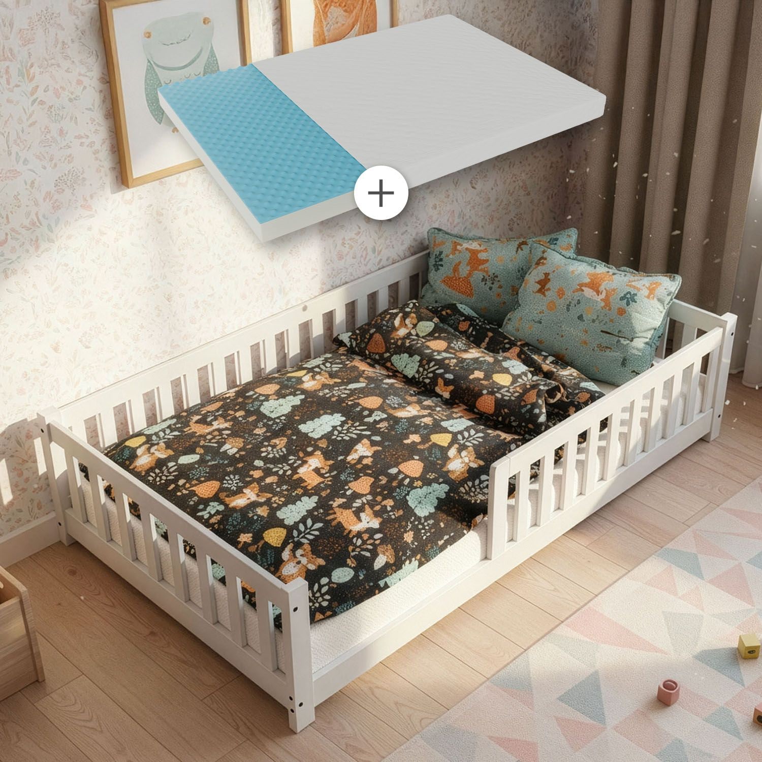 Juskys Kinderbett Naya 120x200 cm - Bett mit Matratze, Rausfallschutz & Lattenrost - Bodenbett Wei&szlig; - Bild 1