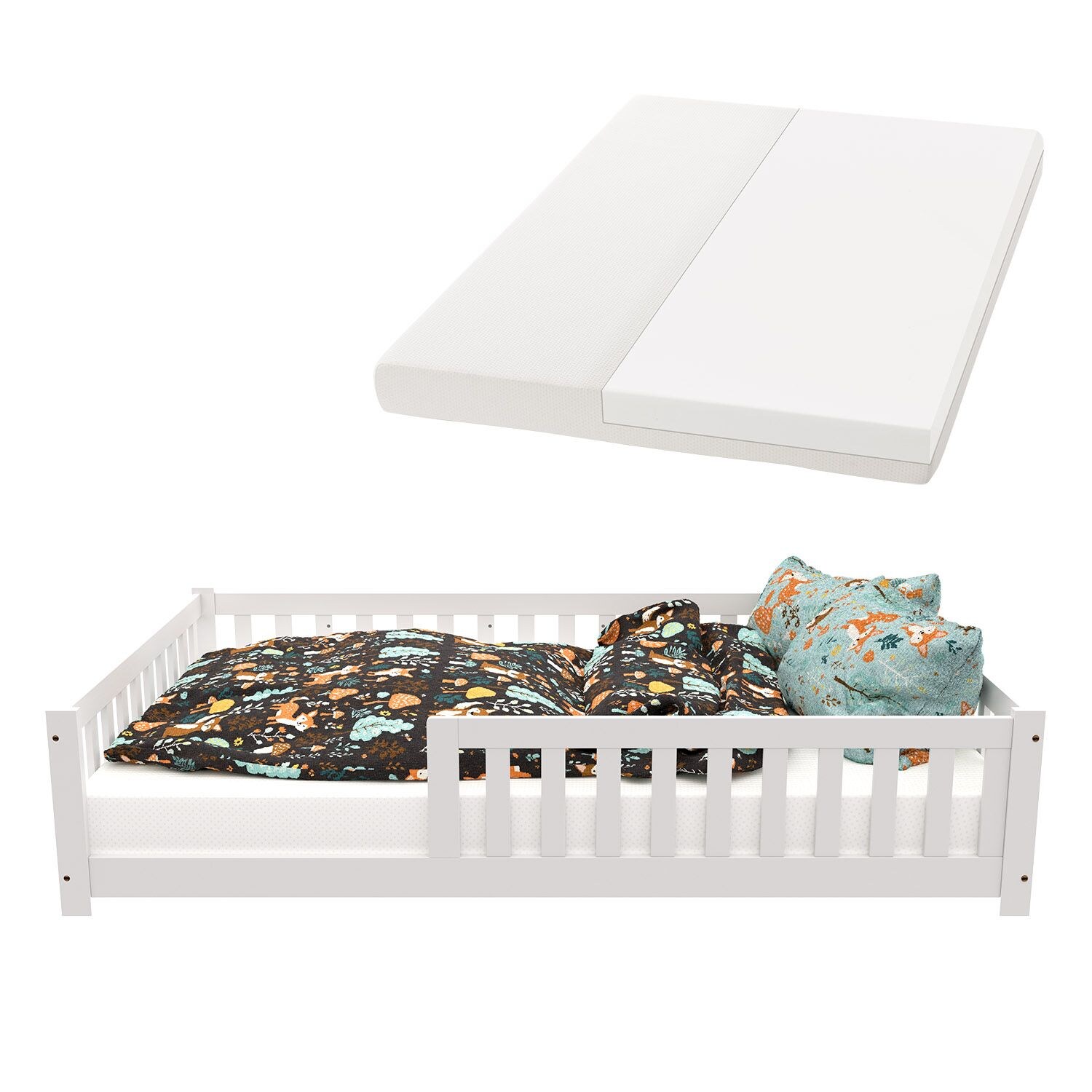 Juskys Kinderbett Naya 140×200 cm – Bett mit Matratze, Rausfallschutz & Lattenrost – Bodenbett Weiß | 04262437183114