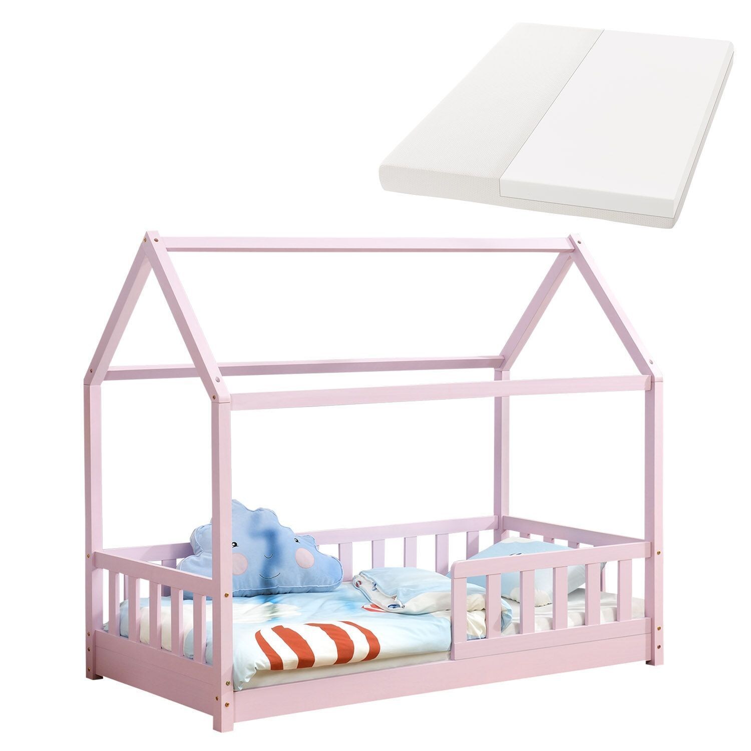 Juskys Kinderbett Marli 80 x 160 cm mit Matratze, Gitter, Lattenrost & Dach – Bett Rosa | 04262437183145