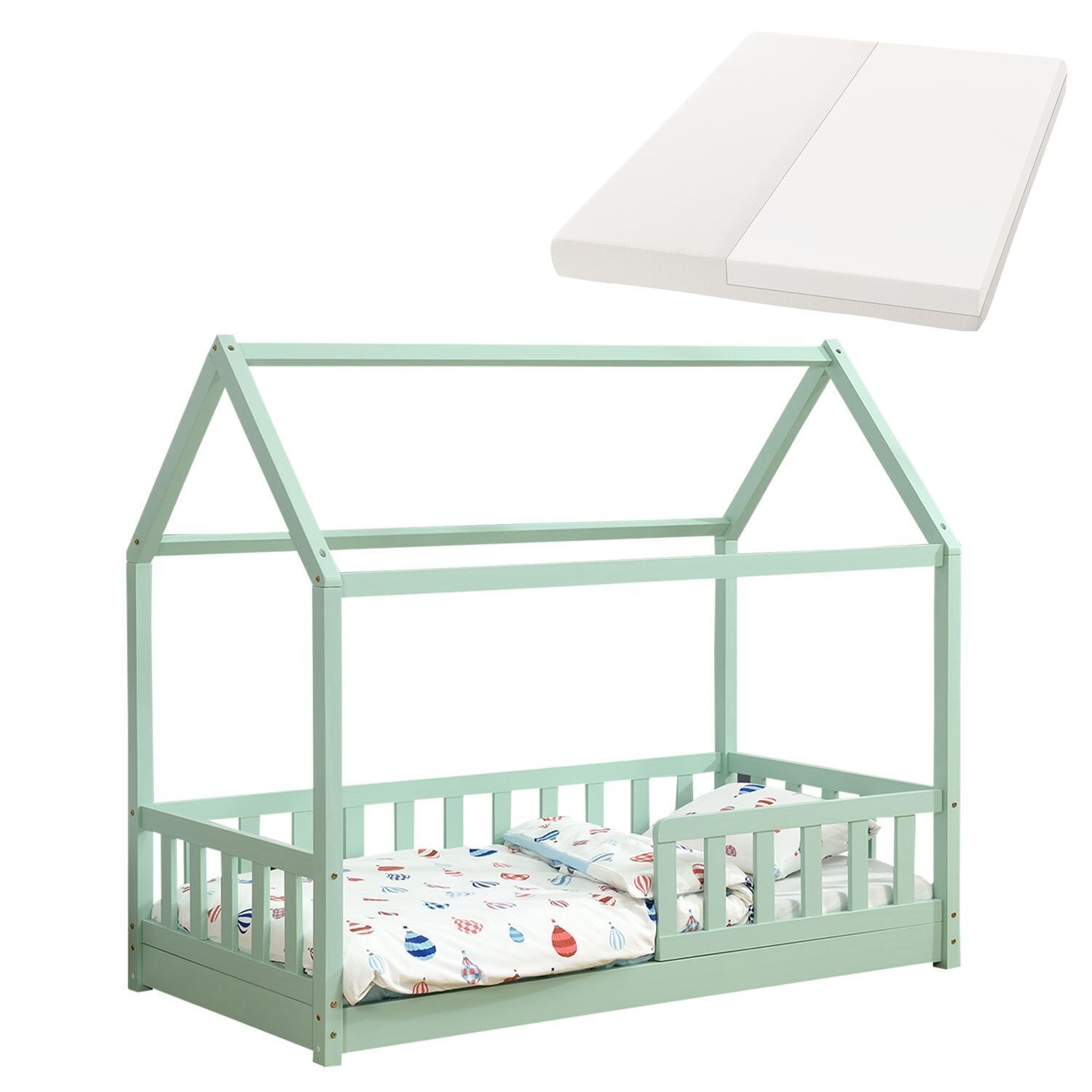 Juskys Kinderbett Marli 80 x 160 cm mit Matratze, Gitter, Lattenrost & Dach – Bett Mint | 04262437183152