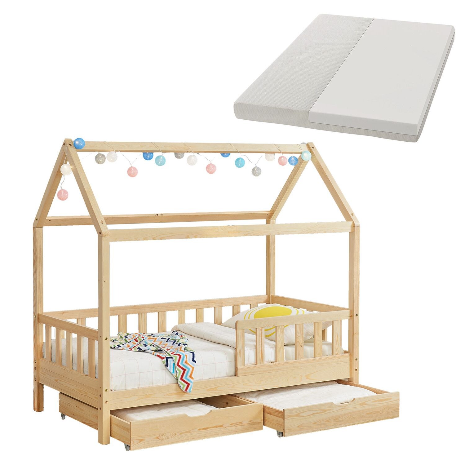 Juskys Kinderbett Marli 80 x 160 cm mit Matratze, Bettkasten, Gitter, Lattenrost & Dach – Bett Natur | 04262437183176