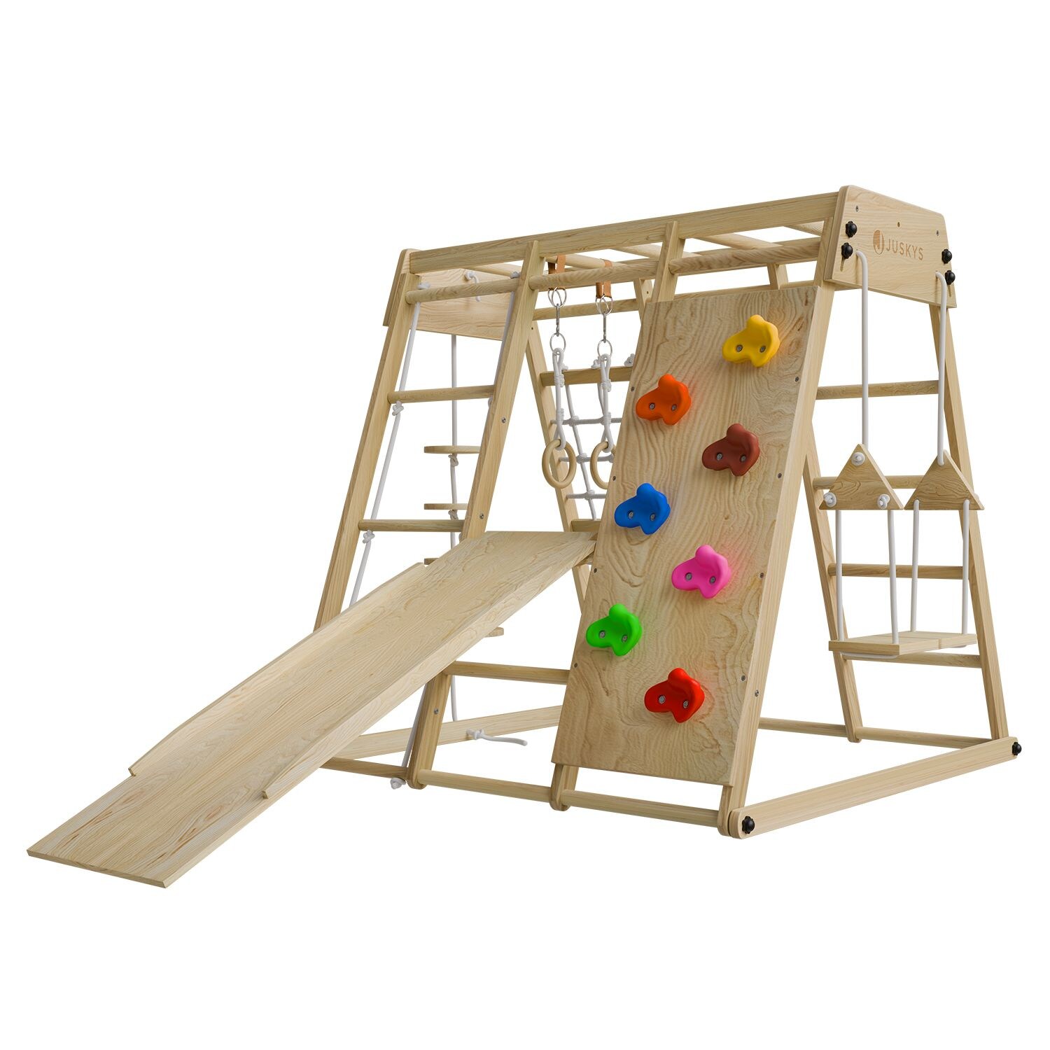 Juskys Maxi Klettergerüst für Kinder – Indoor Spielplatz mit Rutsche, Kletterwand & Schaukel – Natur | 04262437183282
