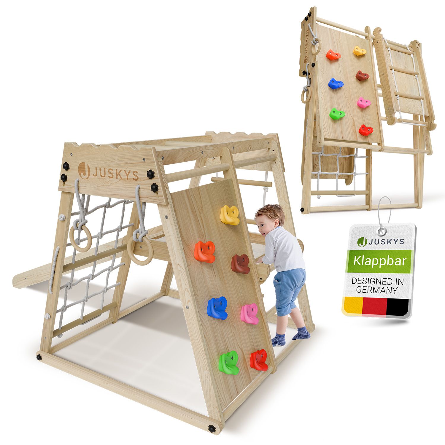 Juskys Mini Kletterger&uuml;st f&uuml;r Kinder - Indoor Spielplatz mit Rutsche, Kletterwand & Turnringe Natur - Bild 1