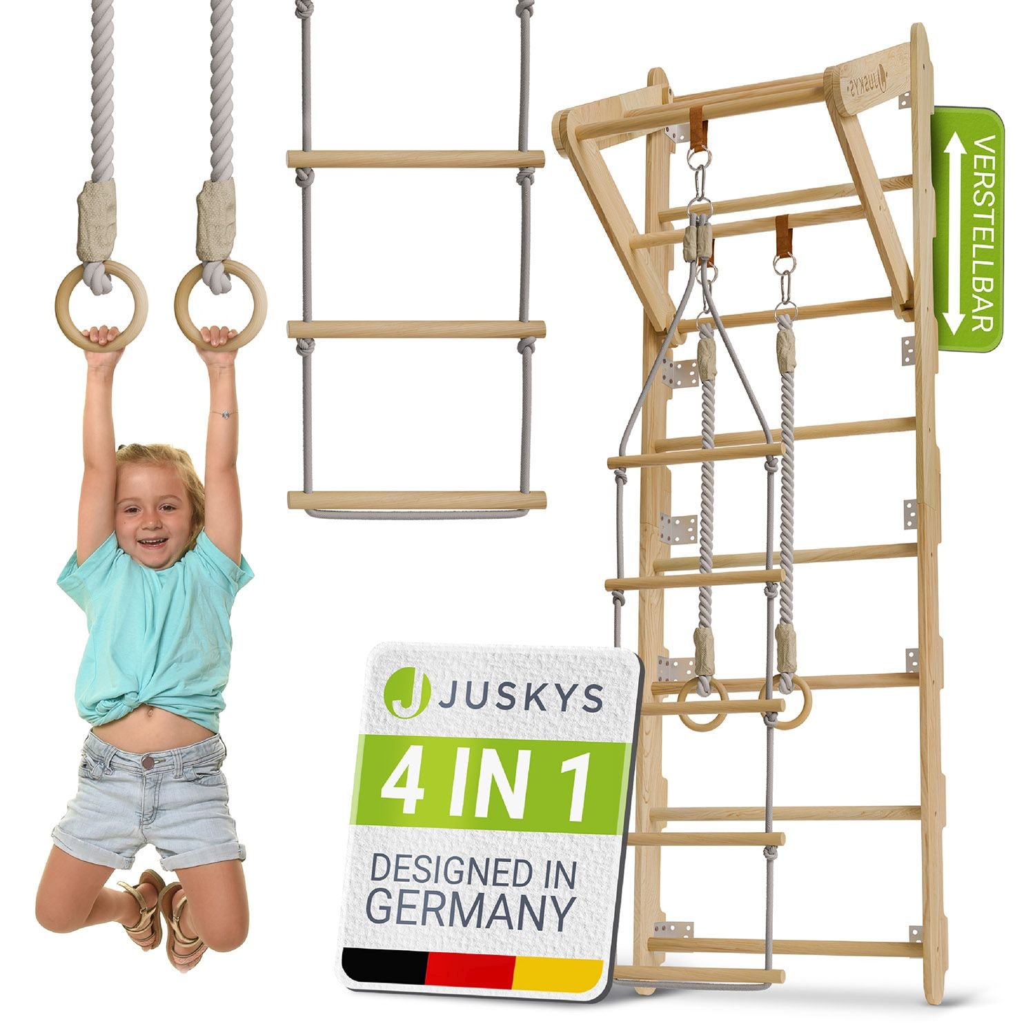 Juskys Sprossenwand f&uuml;r Kinder - Indoor Kletterger&uuml;st mit Turnringen, Klimmzugstange, Strickleiter - Bild 1