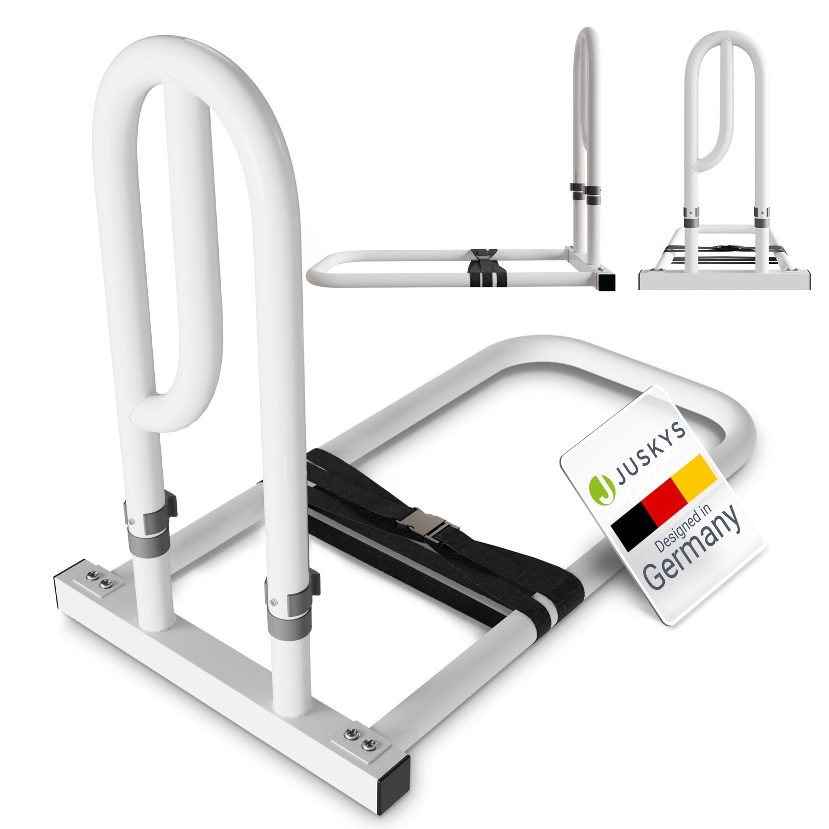 Juskys Aufstehhilfe Bett – Stahl Haltegriff für Senioren – höhenverstellbar – inklusive Gurte – Weiß | 04262437183312