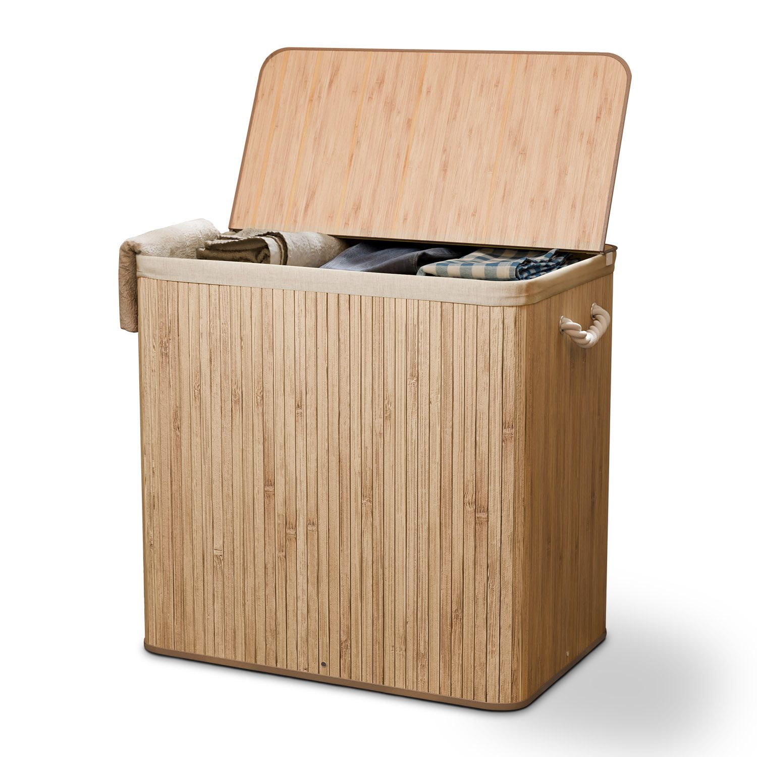 Juskys Bambus W&auml;schekorb Curly 150 Liter mit Deckel & W&auml;schesack | 3 F&auml;cher W&auml;schesammler | Natur - Bild 1