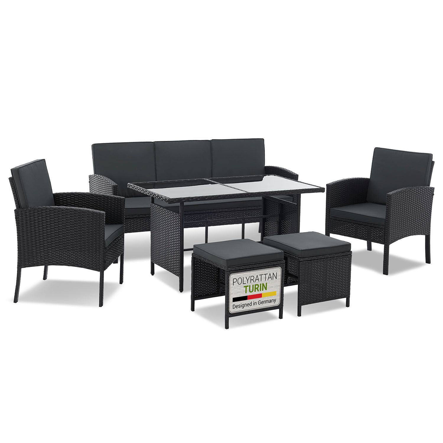 Juskys Polyrattan Gartenm&ouml;bel Sitzgruppe Turin Set 6 teilig - Outdoor M&ouml;bel mit Tisch - Schwarz - Bild 1