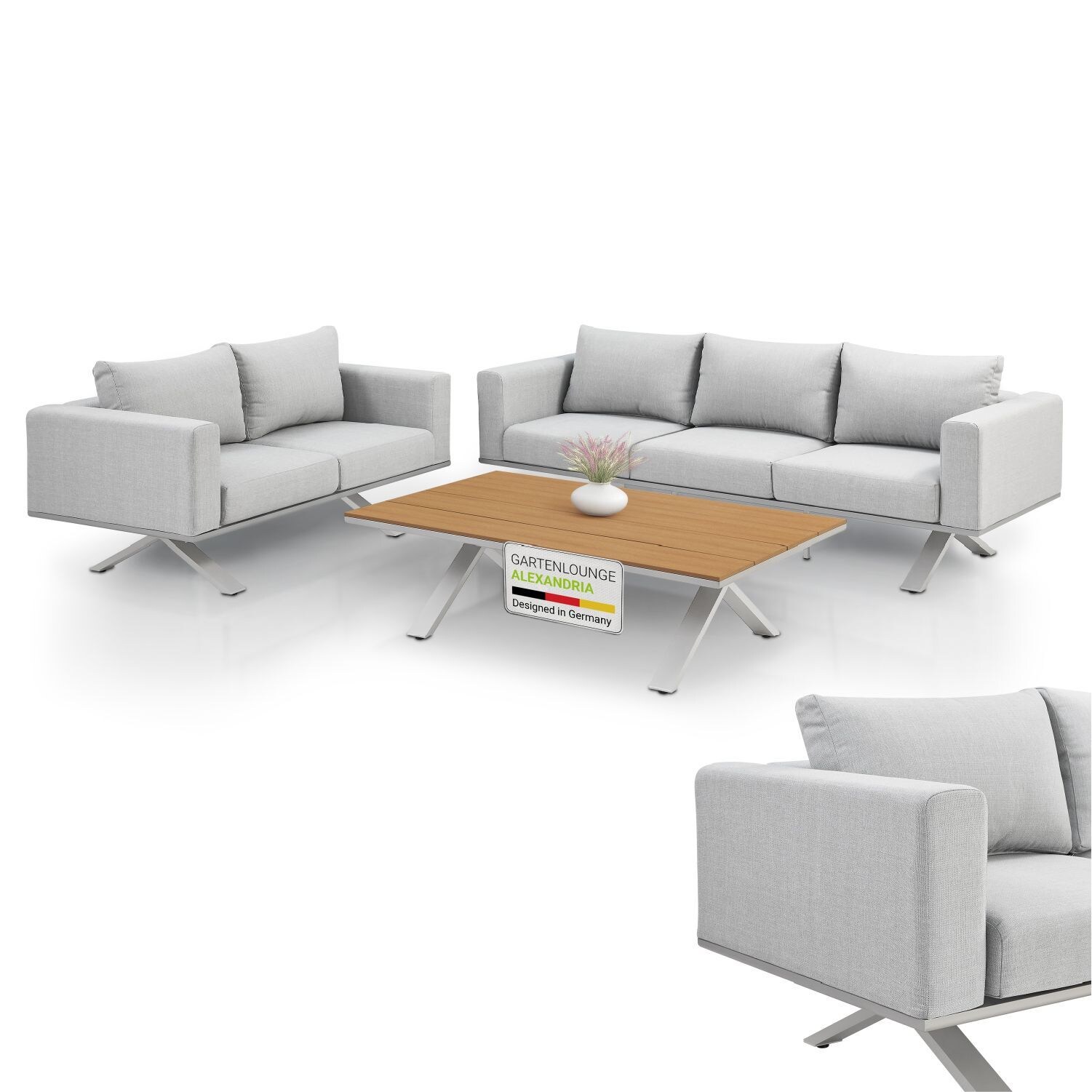Juskys Premium Gartenlounge Set Alexandria – Tisch, 2er & 3er Sofa – hochwertige Gartenmöbel – Grau | 04262437183961