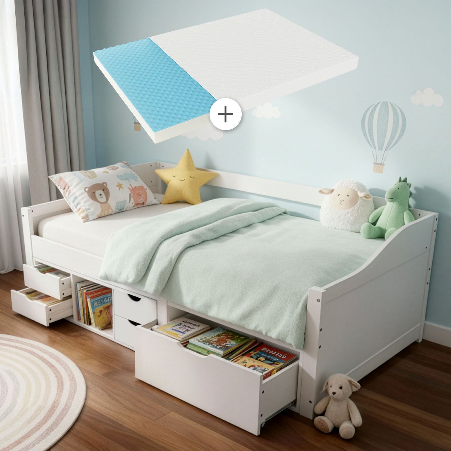 Juskys Funktionsbett Nalu 90x200 cm - Holz Bett mit Matratze & Lattenrost - Stauraumbett Wei&szlig; - Bild 1